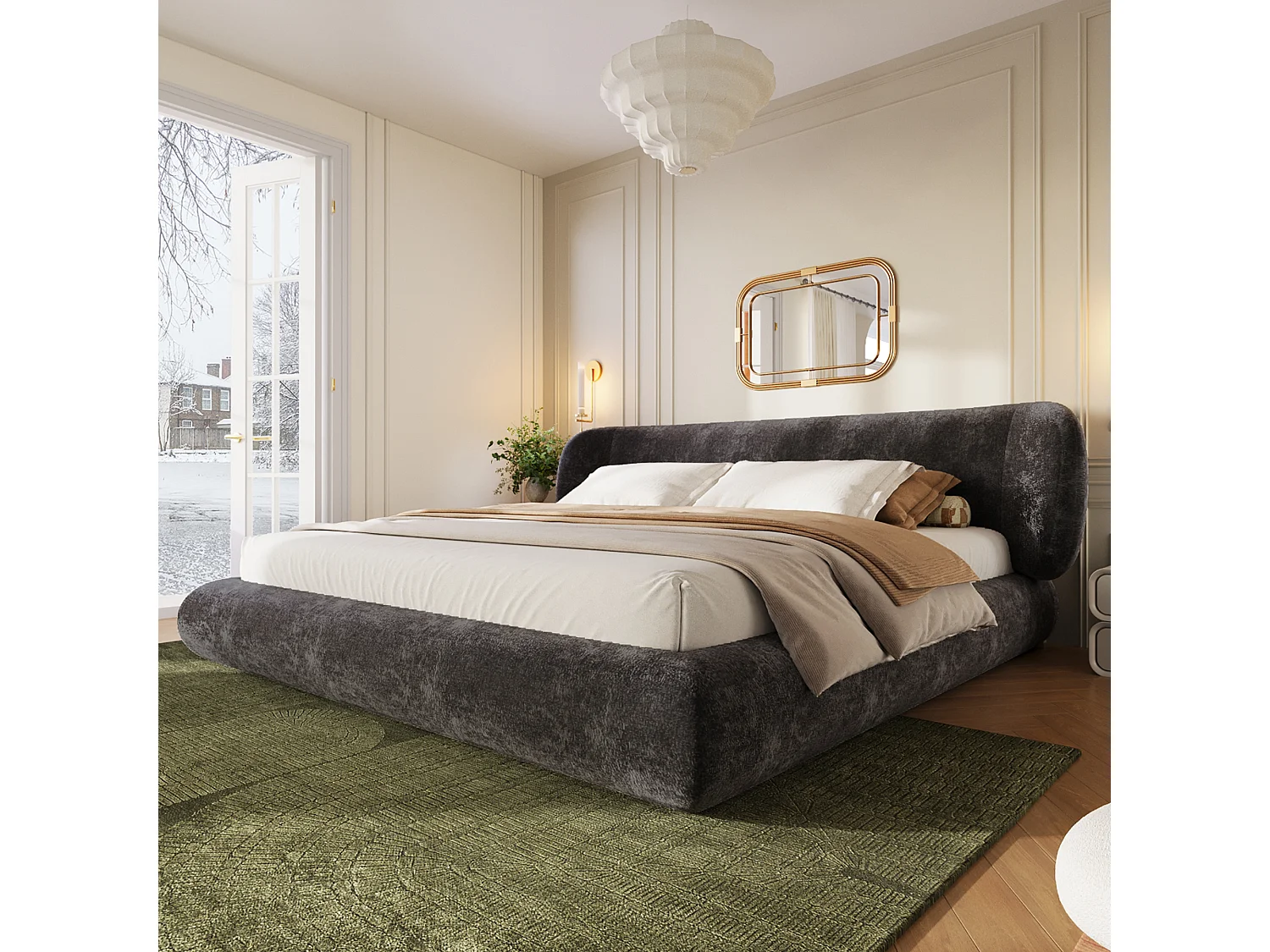 Lit double rembourré 140x190cm - coins arrondis - avec sommier à lattes- tissu chenille - Gris (sans matelas)