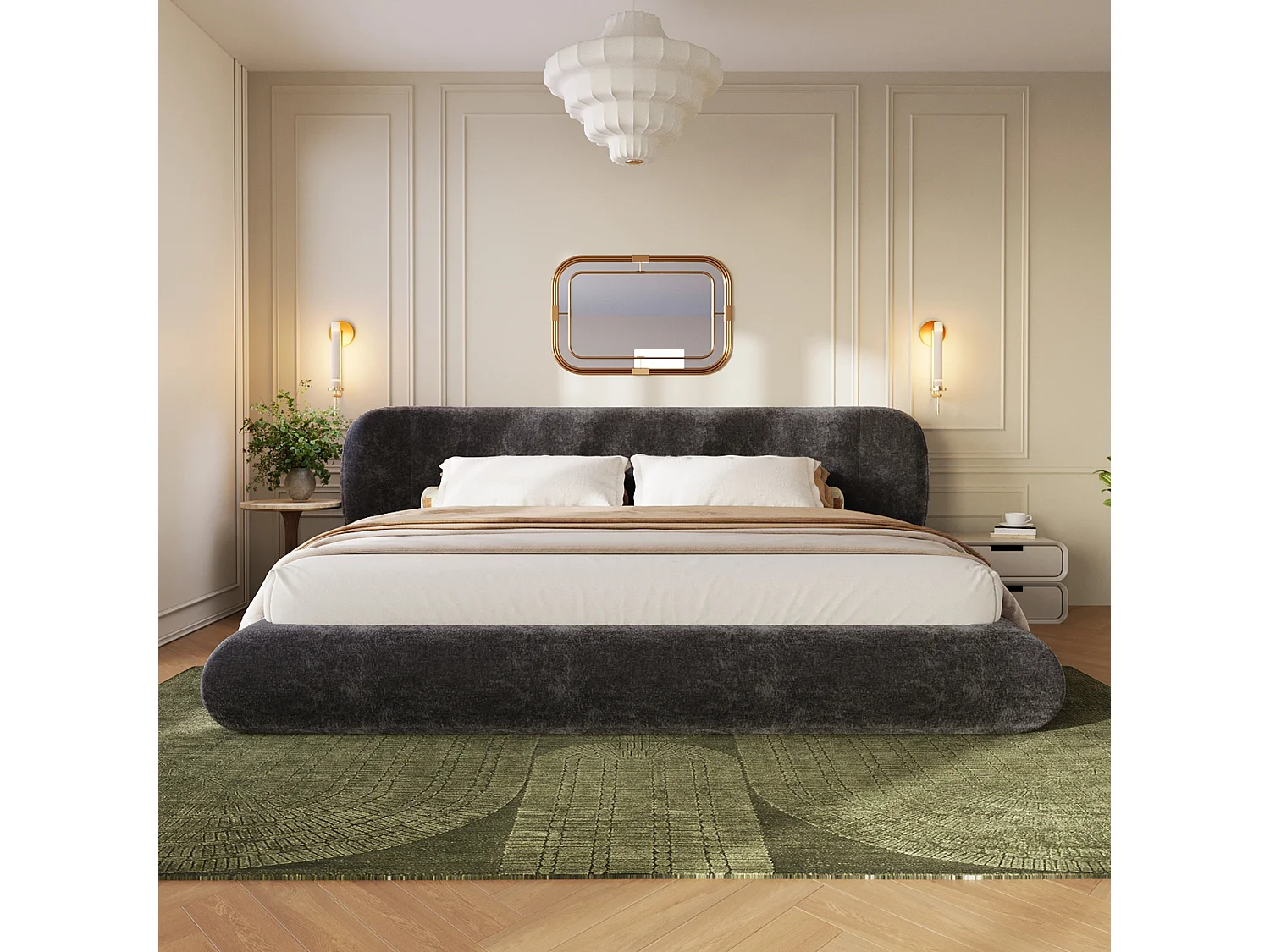 Lit double rembourré 140x190cm - coins arrondis - avec sommier à lattes- tissu chenille - Gris (sans matelas)