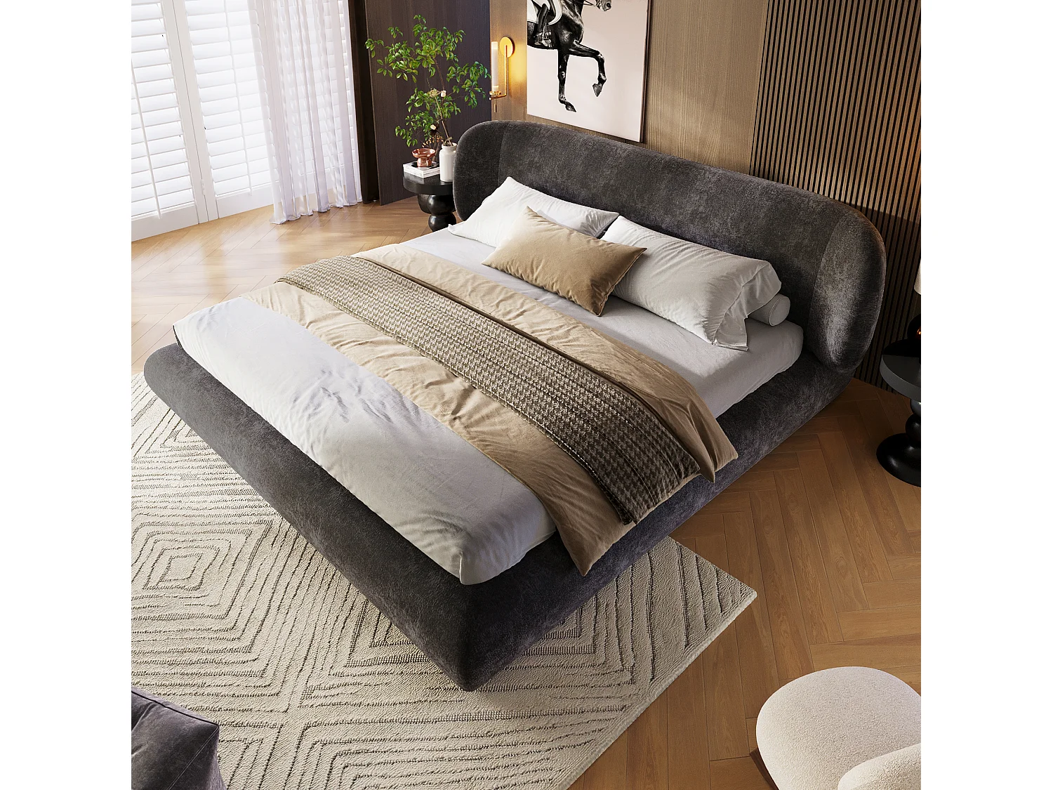 Lit double rembourré 140x190cm - coins arrondis - avec sommier à lattes- tissu chenille - Gris (sans matelas)