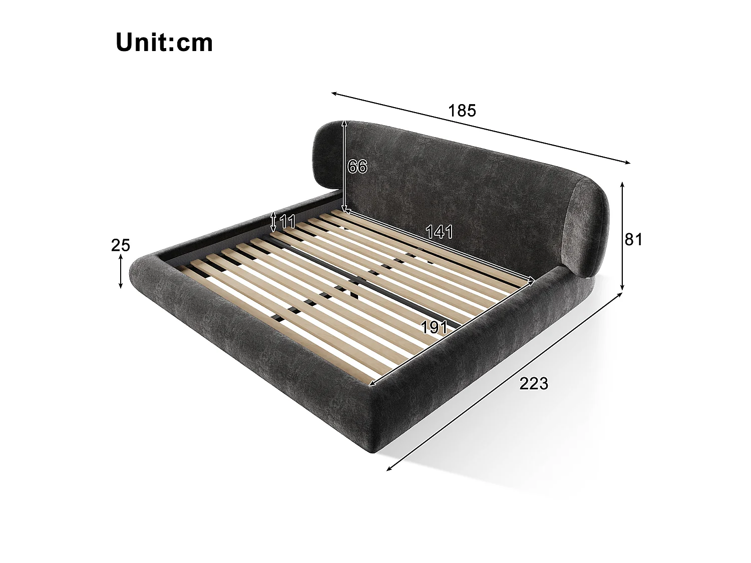 Lit double rembourré 140x190cm - coins arrondis - avec sommier à lattes- tissu chenille - Gris (sans matelas)