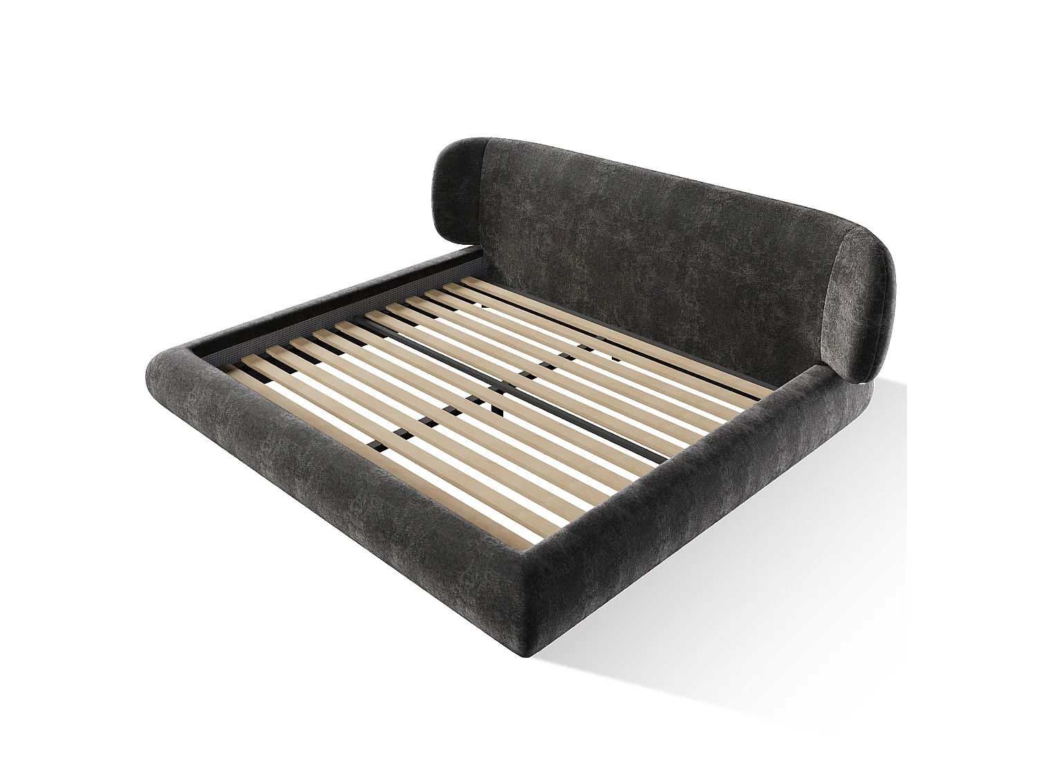 Lit double rembourré 140x190cm - coins arrondis - avec sommier à lattes- tissu chenille - Gris (sans matelas)