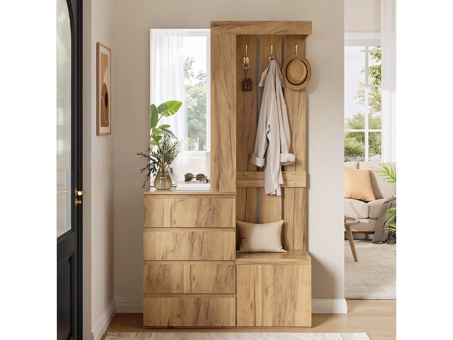Ensemble vestiaire d'entrée 100x35x180cm - avec miroir et meuble à chaussures - avec 4 tiroirs et crochet - Naturel