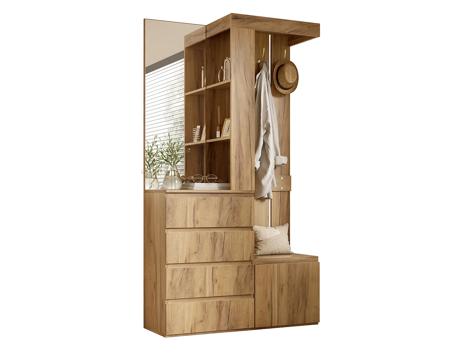 Ensemble vestiaire d'entrée 100x35x180cm - avec miroir et meuble à chaussures - avec 4 tiroirs et crochet - Naturel