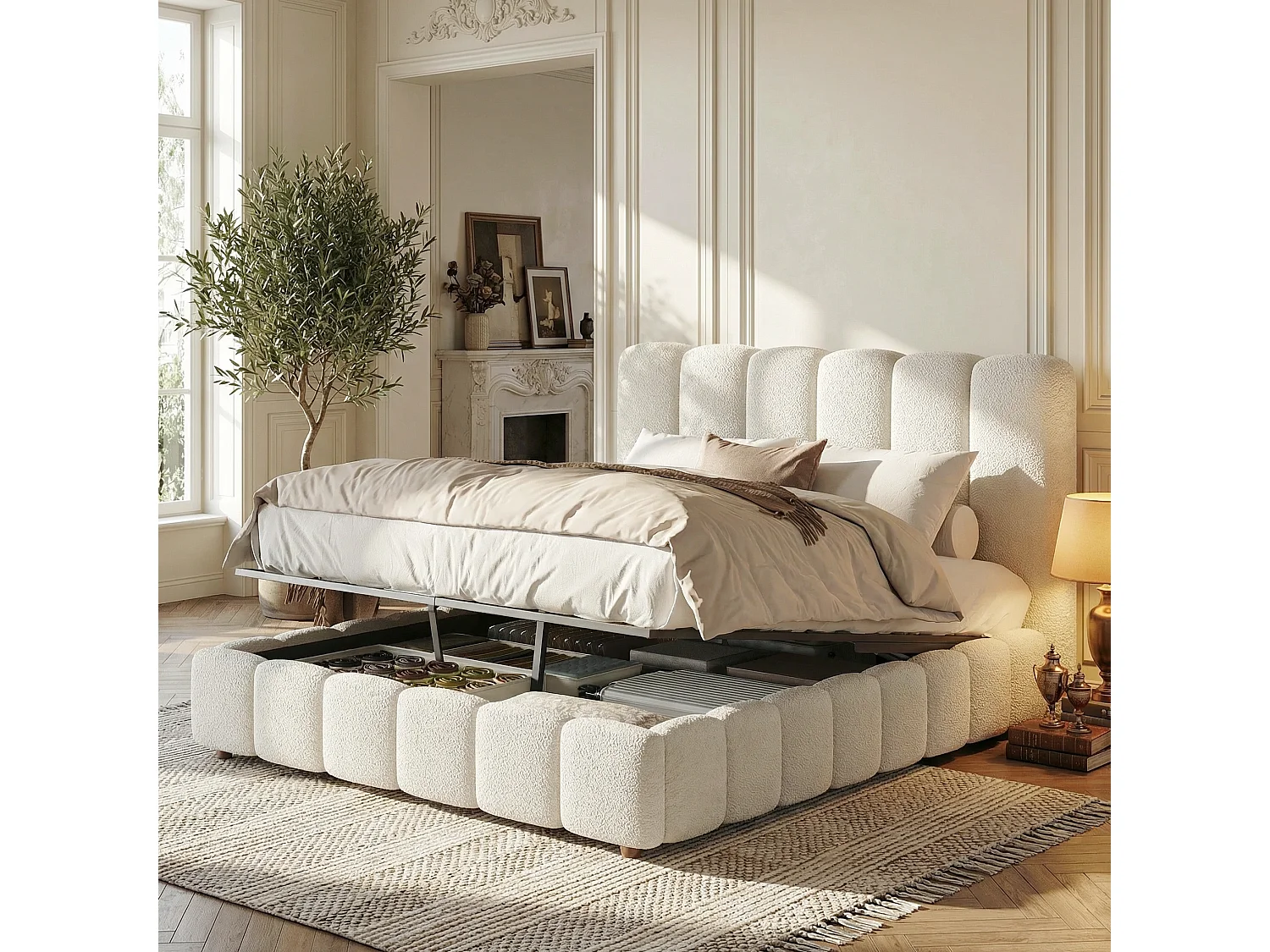 Lit coffre rembourré 140x200cm - Tête de lit rembourrée - Rangement sous le lit - Sommier à lattes - Tissu bouclé - Blanc (sans matelas)