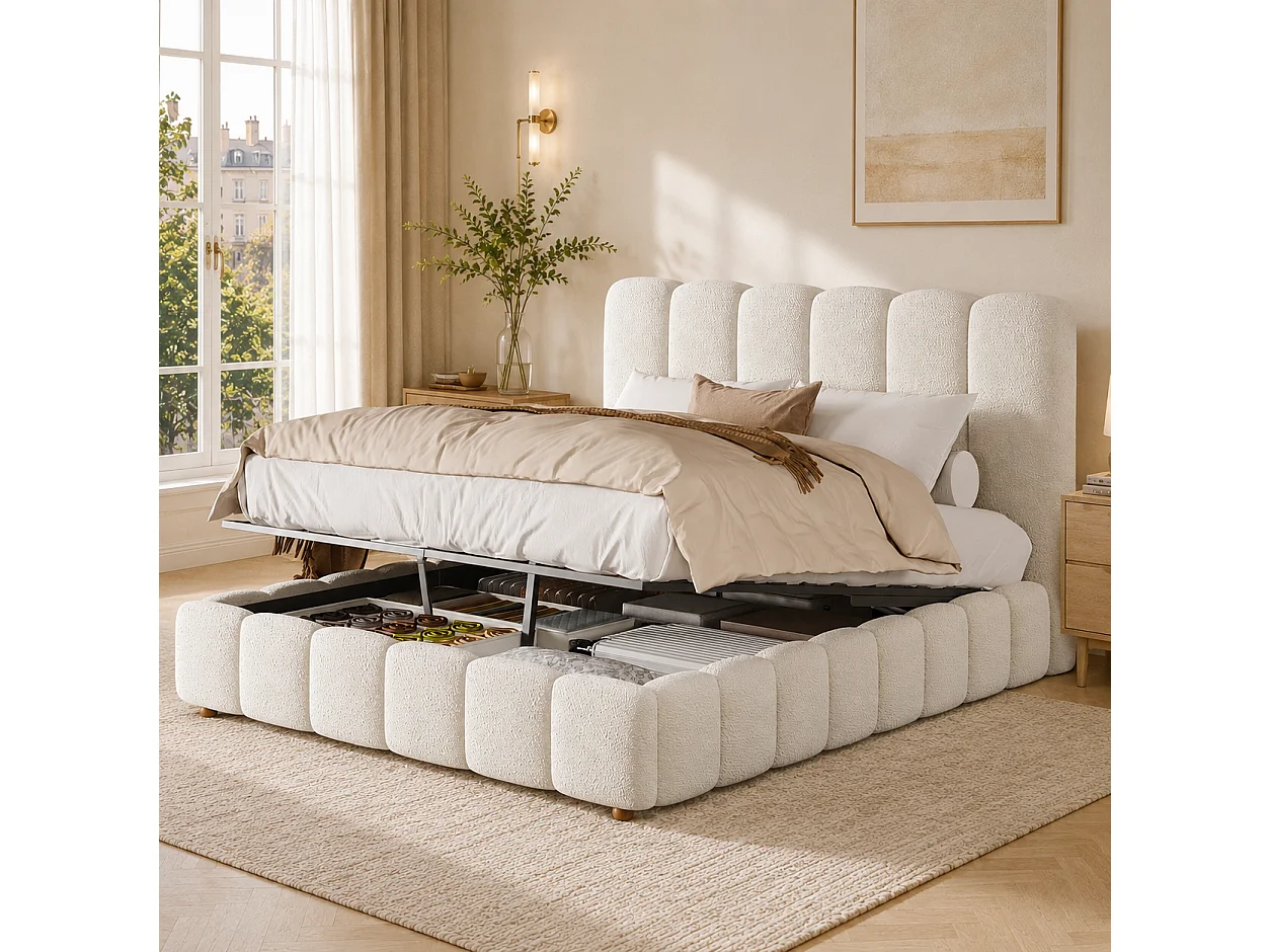 Lit coffre rembourré 140x200cm - Tête de lit rembourrée - Rangement sous le lit - Sommier à lattes - Tissu bouclé - Blanc (sans matelas)