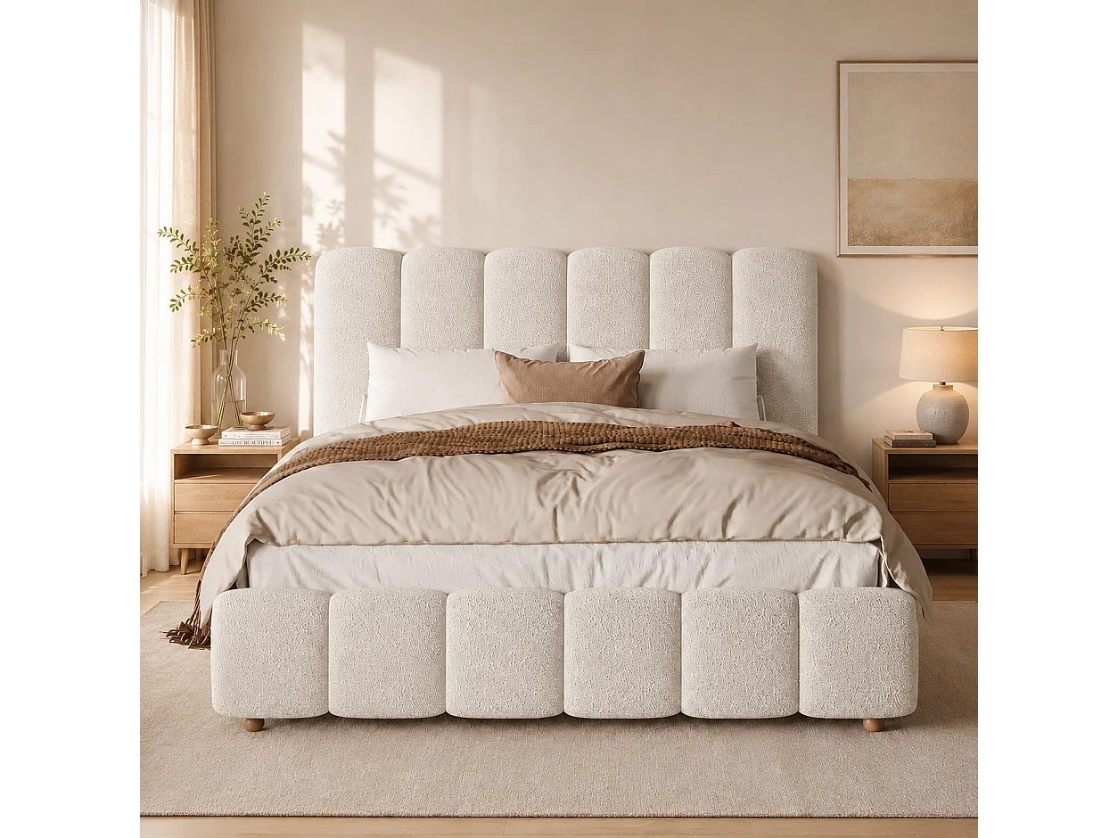 Lit coffre rembourré 140x200cm - Tête de lit rembourrée - Rangement sous le lit - Sommier à lattes - Tissu bouclé - Blanc (sans matelas)