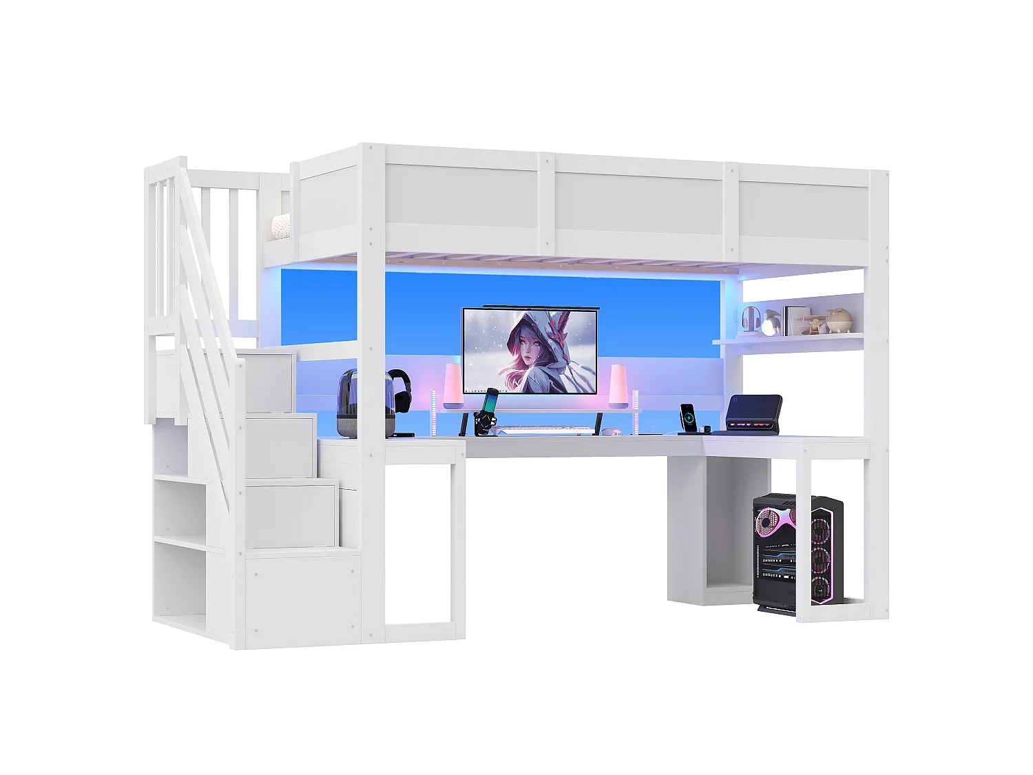 Lit mezzanine gaming 90 x 200 cm - Avec bureau et échelle de rangement - Bande LED et port USB - Blanc (Matelas non inclus)