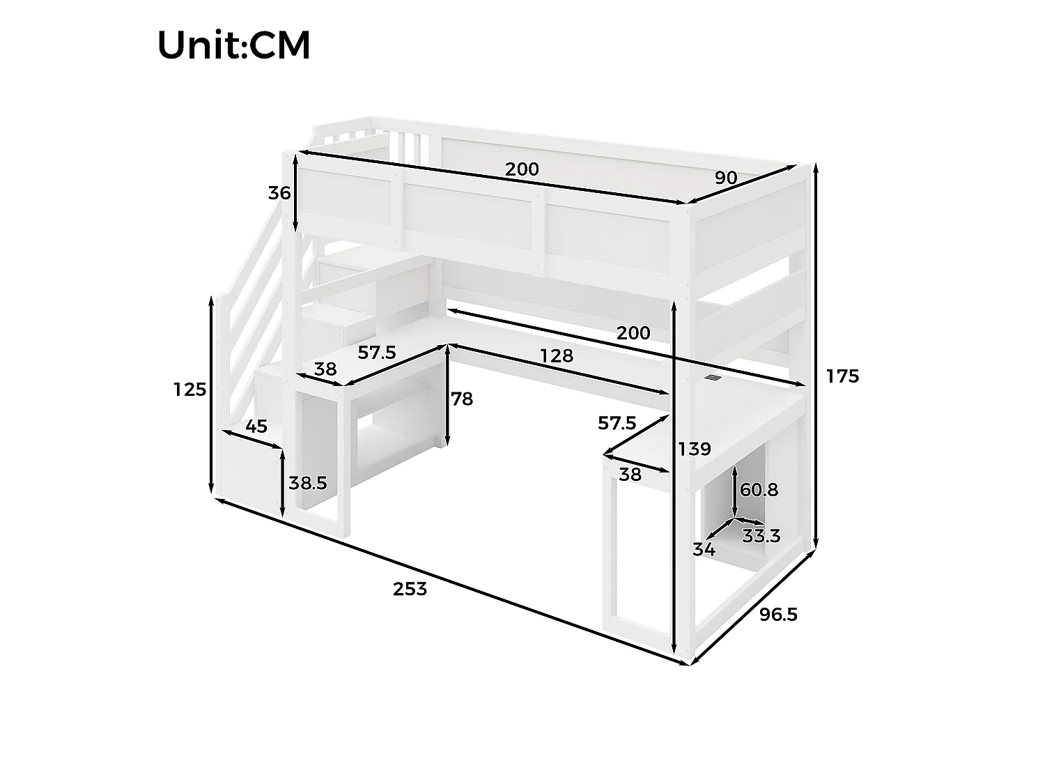 Lit mezzanine gaming 90 x 200 cm - Avec bureau et échelle de rangement - Bande LED et port USB - Blanc (Matelas non inclus)