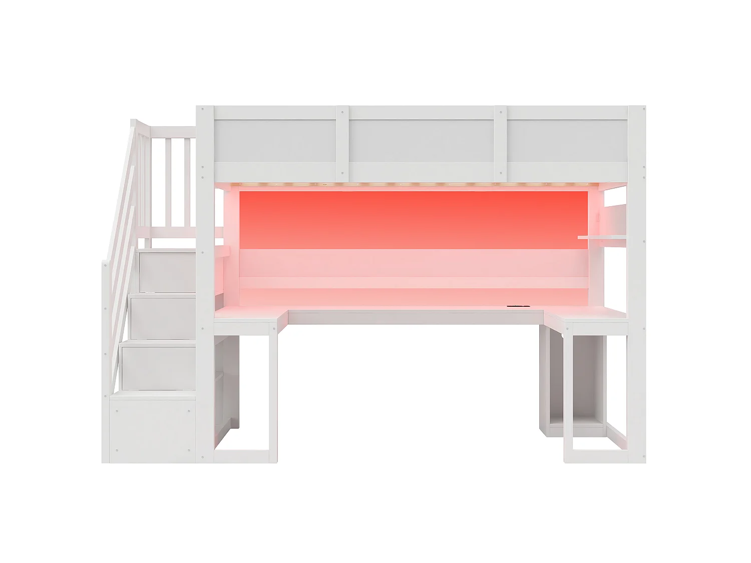 Lit mezzanine gaming 90 x 200 cm - Avec bureau et échelle de rangement - Bande LED et port USB - Blanc (Matelas non inclus)