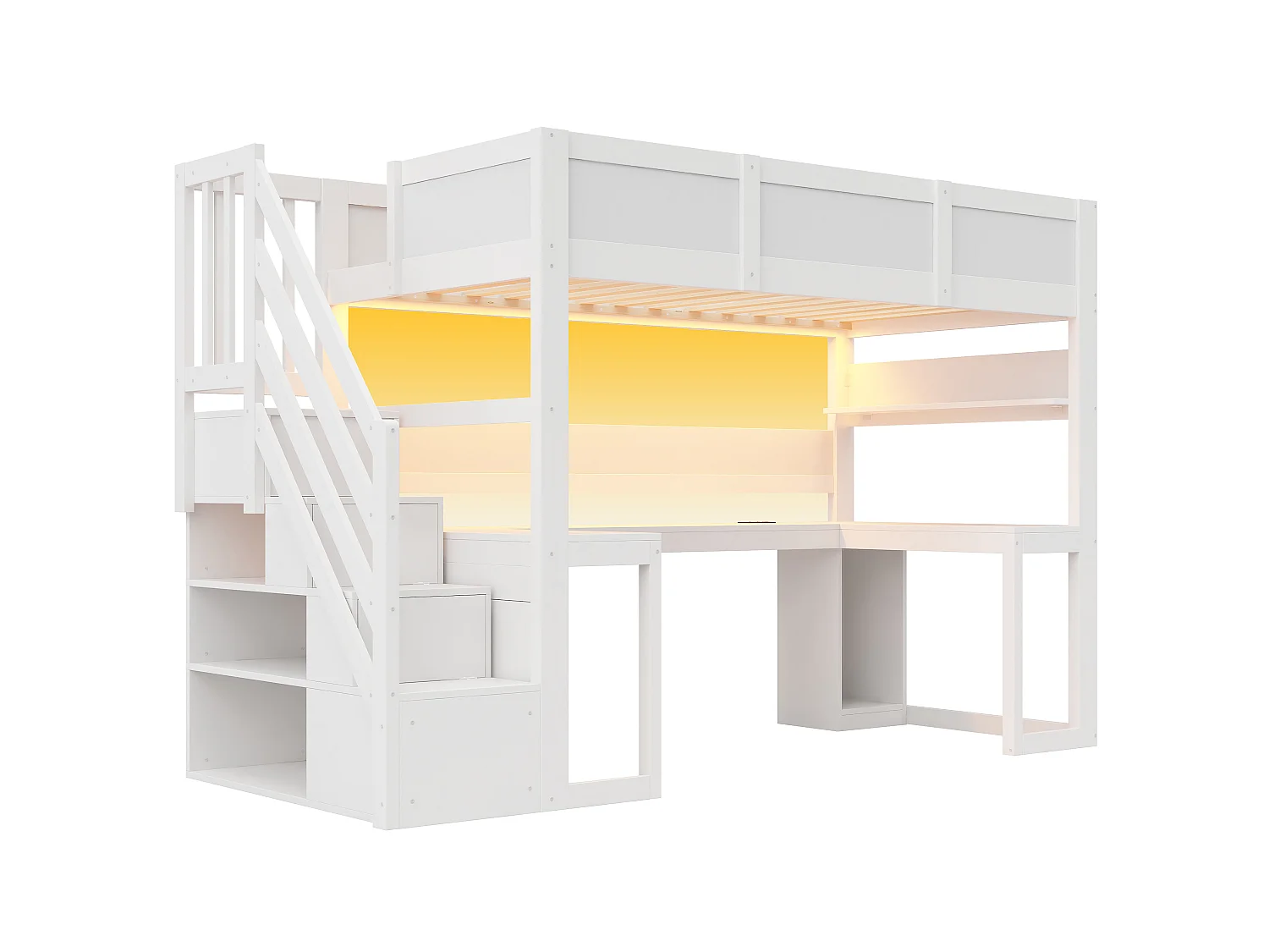 Lit mezzanine gaming 90 x 200 cm - Avec bureau et échelle de rangement - Bande LED et port USB - Blanc (Matelas non inclus)