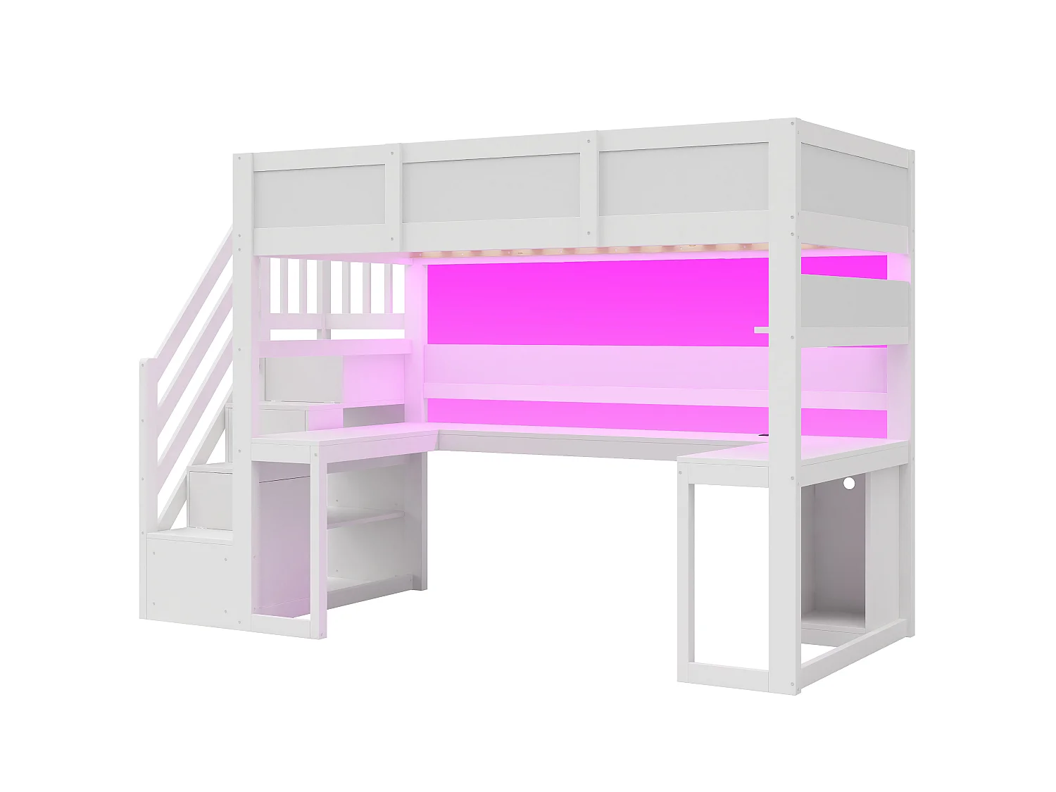 Lit mezzanine gaming 90 x 200 cm - Avec bureau et échelle de rangement - Bande LED et port USB - Blanc (Matelas non inclus)
