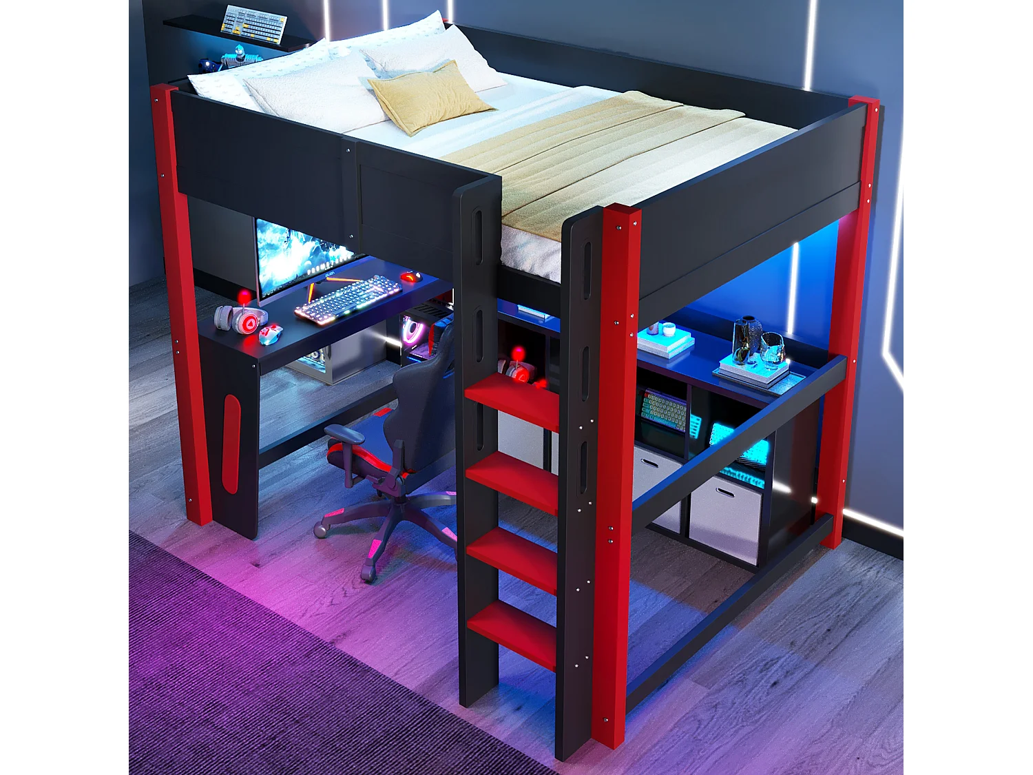 Lettino a soppalco 140 x 200 cm - con tavolo - con mensola a muro - con illuminazione a LED - nero (materasso non incluso)