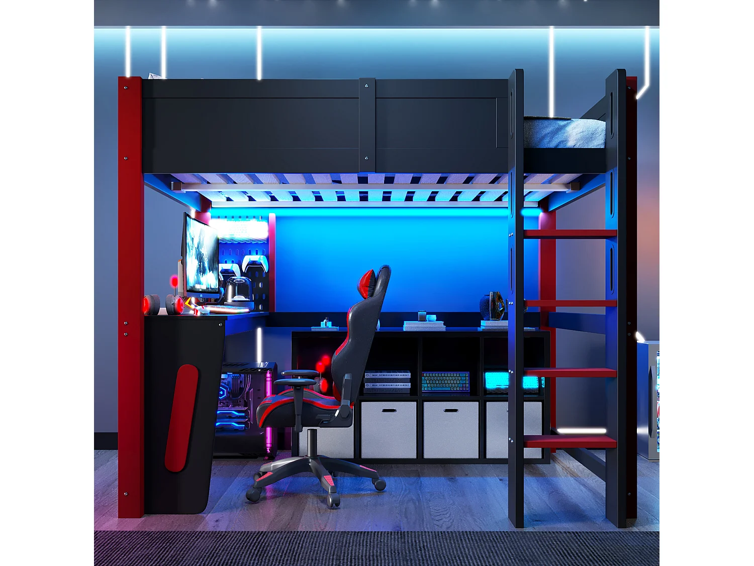 Lettino a soppalco 140 x 200 cm - con tavolo - con mensola a muro - con illuminazione a LED - nero (materasso non incluso)