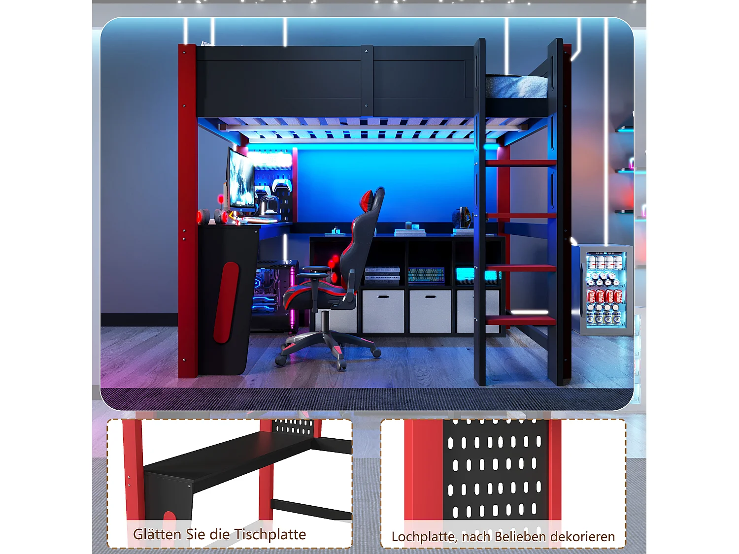 Lettino a soppalco 140 x 200 cm - con tavolo - con mensola a muro - con illuminazione a LED - nero (materasso non incluso)