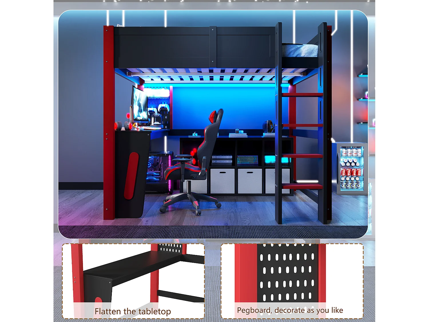 Lettino a soppalco 140 x 200 cm - con tavolo - con mensola a muro - con illuminazione a LED - nero (materasso non incluso)