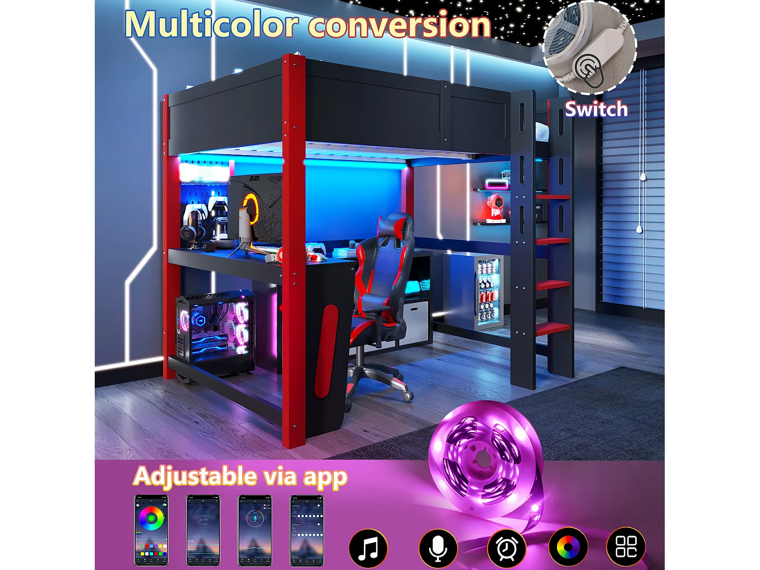 Lettino a soppalco 140 x 200 cm - con tavolo - con mensola a muro - con illuminazione a LED - nero (materasso non incluso)