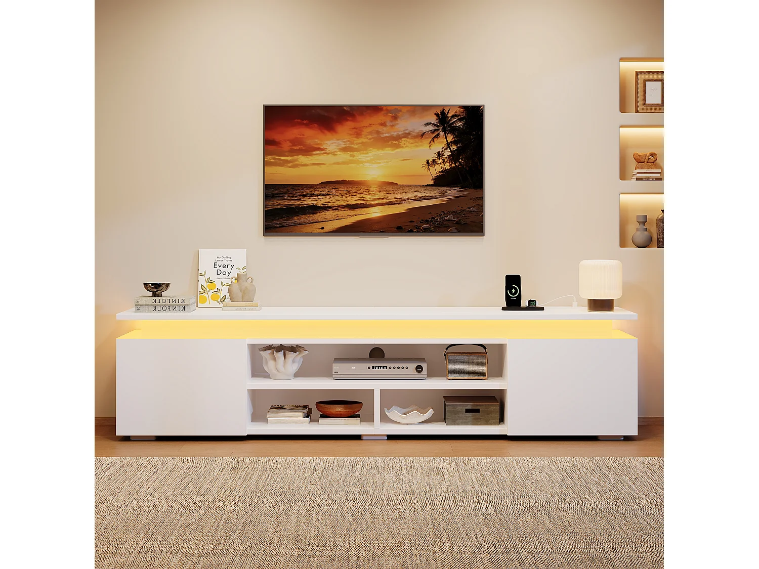 Nowoczesny meble TV 180x35x42 cm - Wbudowane oświetlenie LED - 2 drzwi i otwarte półki - Błyszczące wykończenie - MDF - Biały