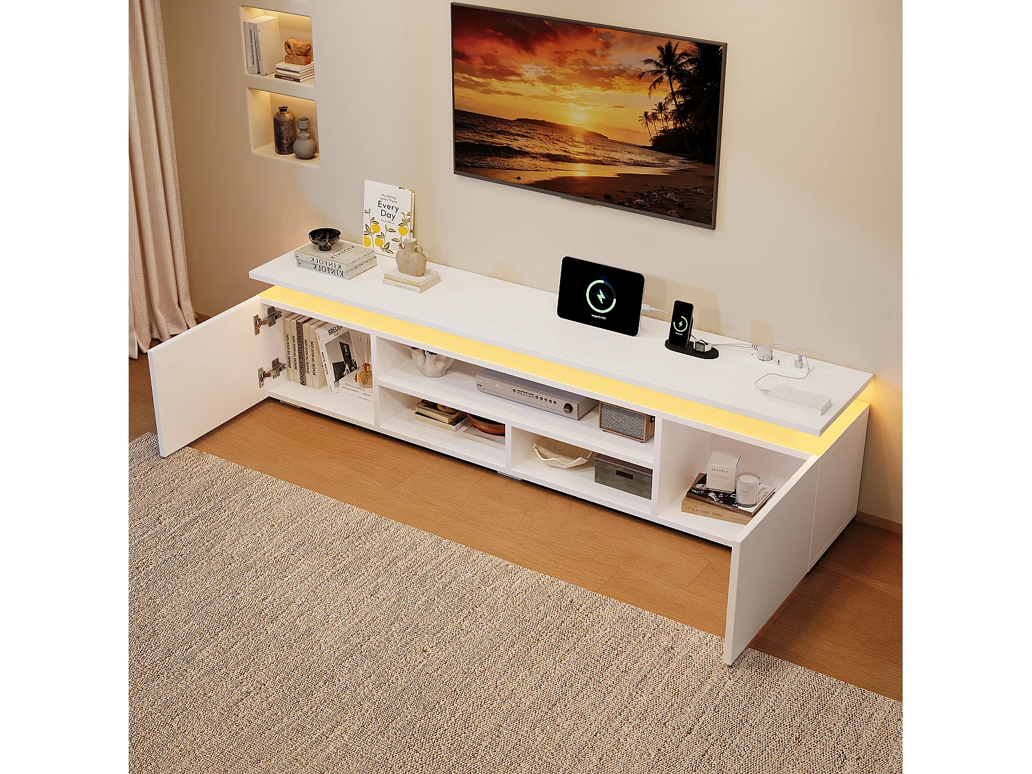 Nowoczesny meble TV 180x35x42 cm - Wbudowane oświetlenie LED - 2 drzwi i otwarte półki - Błyszczące wykończenie - MDF - Biały