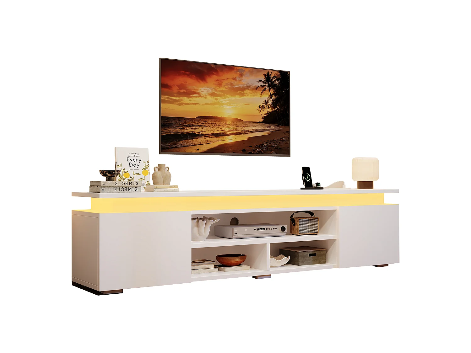 Nowoczesny meble TV 180x35x42 cm - Wbudowane oświetlenie LED - 2 drzwi i otwarte półki - Błyszczące wykończenie - MDF - Biały
