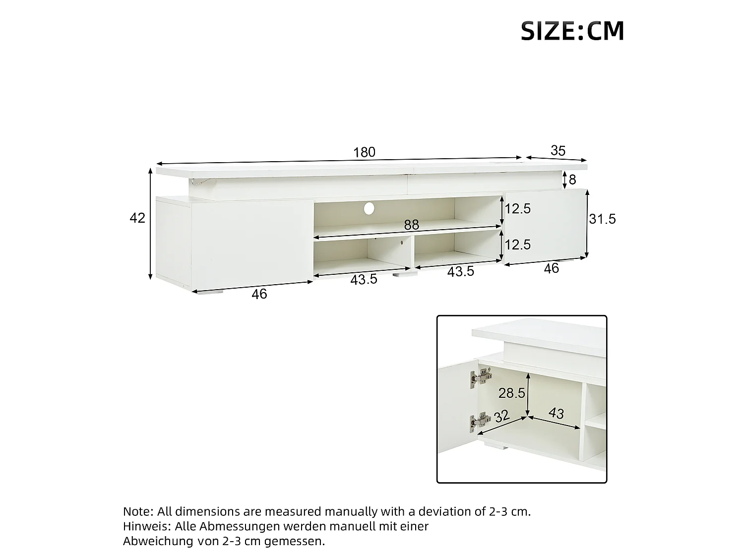 Nowoczesny meble TV 180x35x42 cm - Wbudowane oświetlenie LED - 2 drzwi i otwarte półki - Błyszczące wykończenie - MDF - Biały