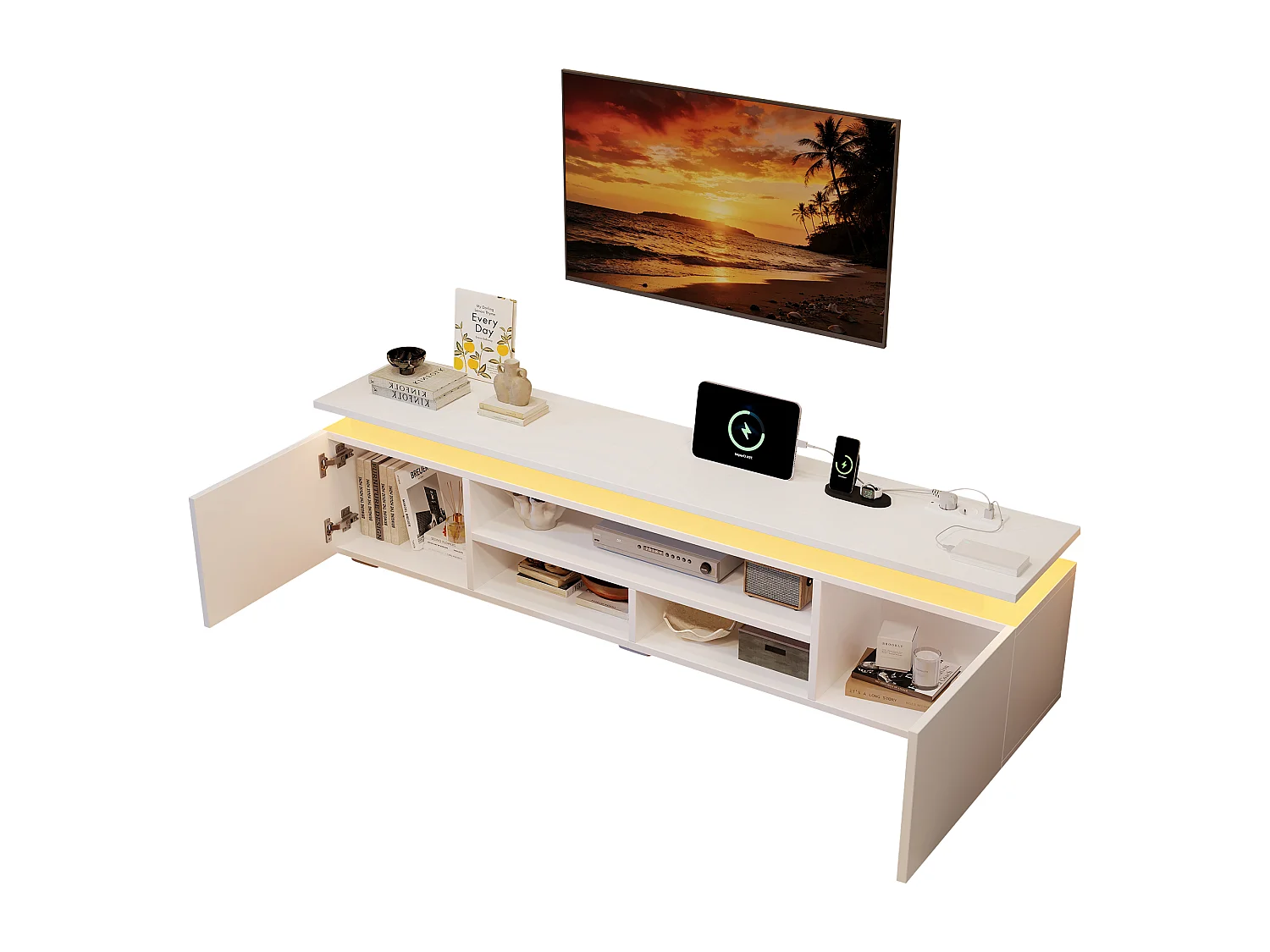 Nowoczesny meble TV 180x35x42 cm - Wbudowane oświetlenie LED - 2 drzwi i otwarte półki - Błyszczące wykończenie - MDF - Biały