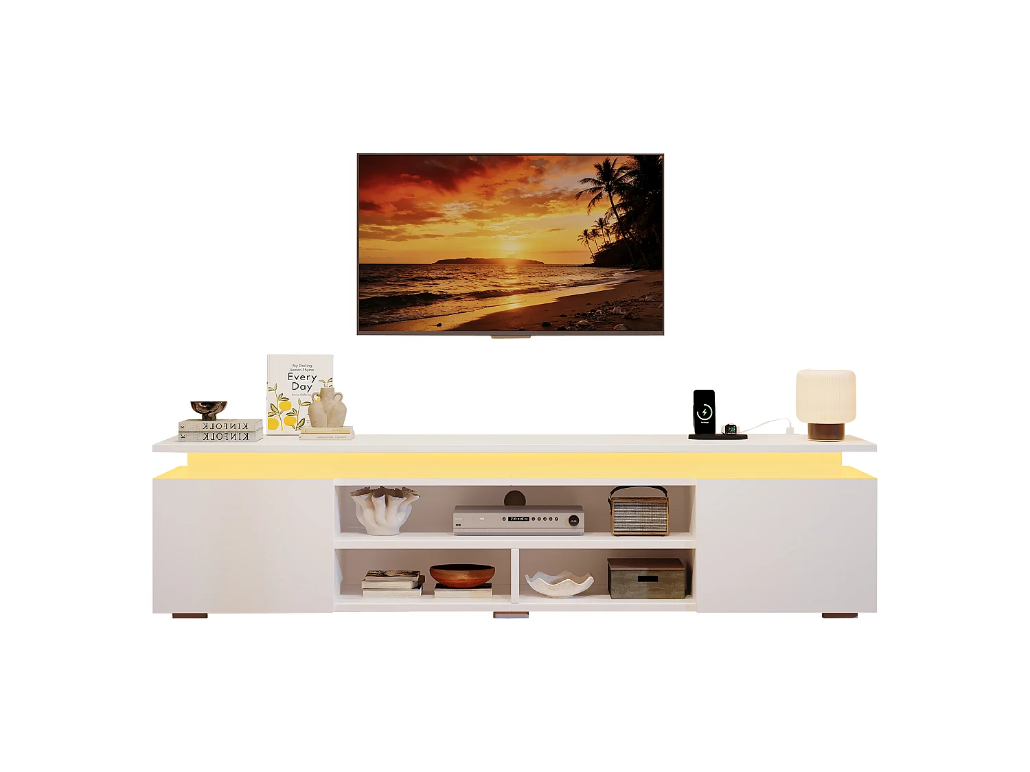 Nowoczesny meble TV 180x35x42 cm - Wbudowane oświetlenie LED - 2 drzwi i otwarte półki - Błyszczące wykończenie - MDF - Biały