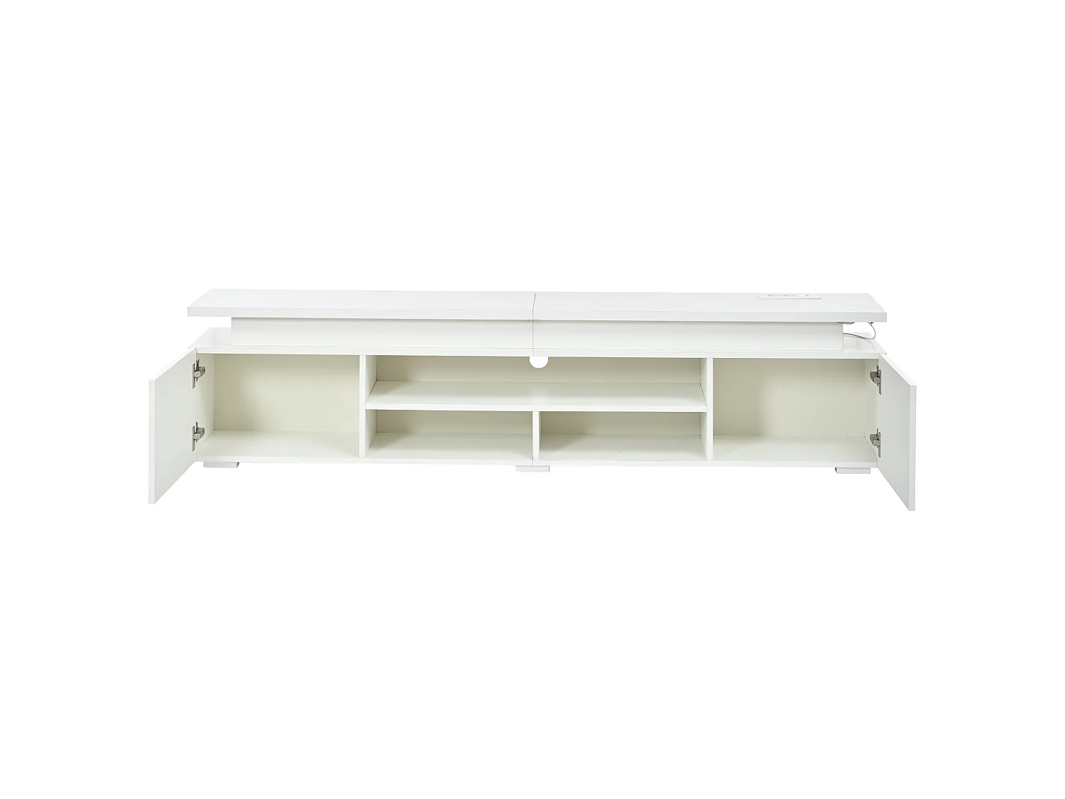Nowoczesny meble TV 180x35x42 cm - Wbudowane oświetlenie LED - 2 drzwi i otwarte półki - Błyszczące wykończenie - MDF - Biały