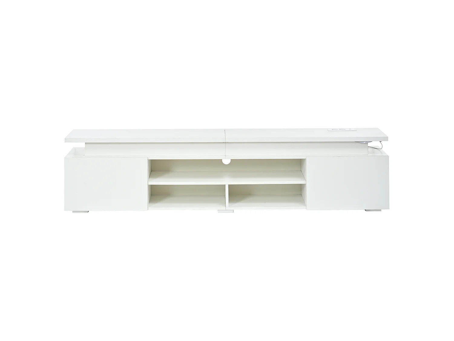 Nowoczesny meble TV 180x35x42 cm - Wbudowane oświetlenie LED - 2 drzwi i otwarte półki - Błyszczące wykończenie - MDF - Biały
