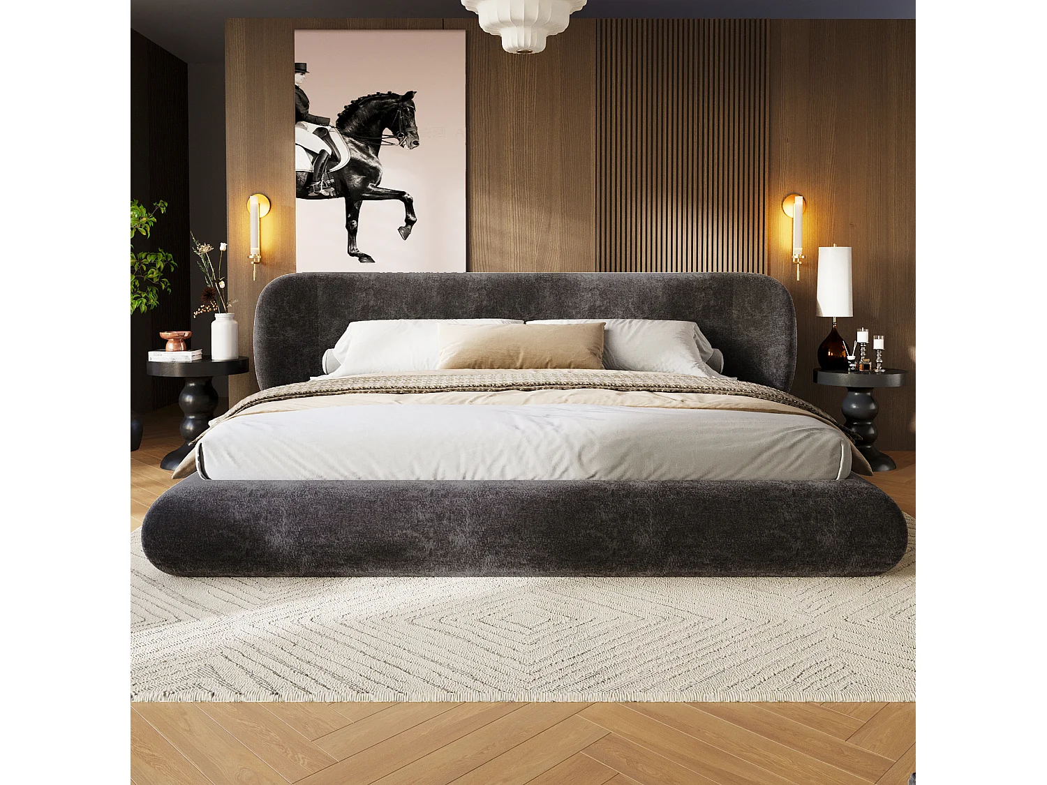 Dubbelbed gestoffeerd 180x200cm - afgeronde hoeken - met lattenbodem - chenillestof - Grijs (zonder matras)