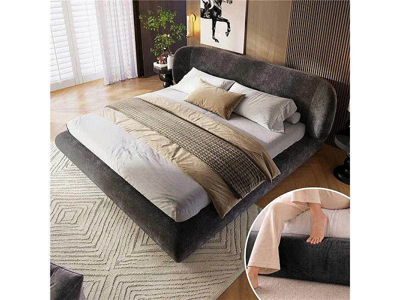 Dubbelbed gestoffeerd 180x200cm - afgeronde hoeken - met lattenbodem - chenillestof - Grijs (zonder matras)
