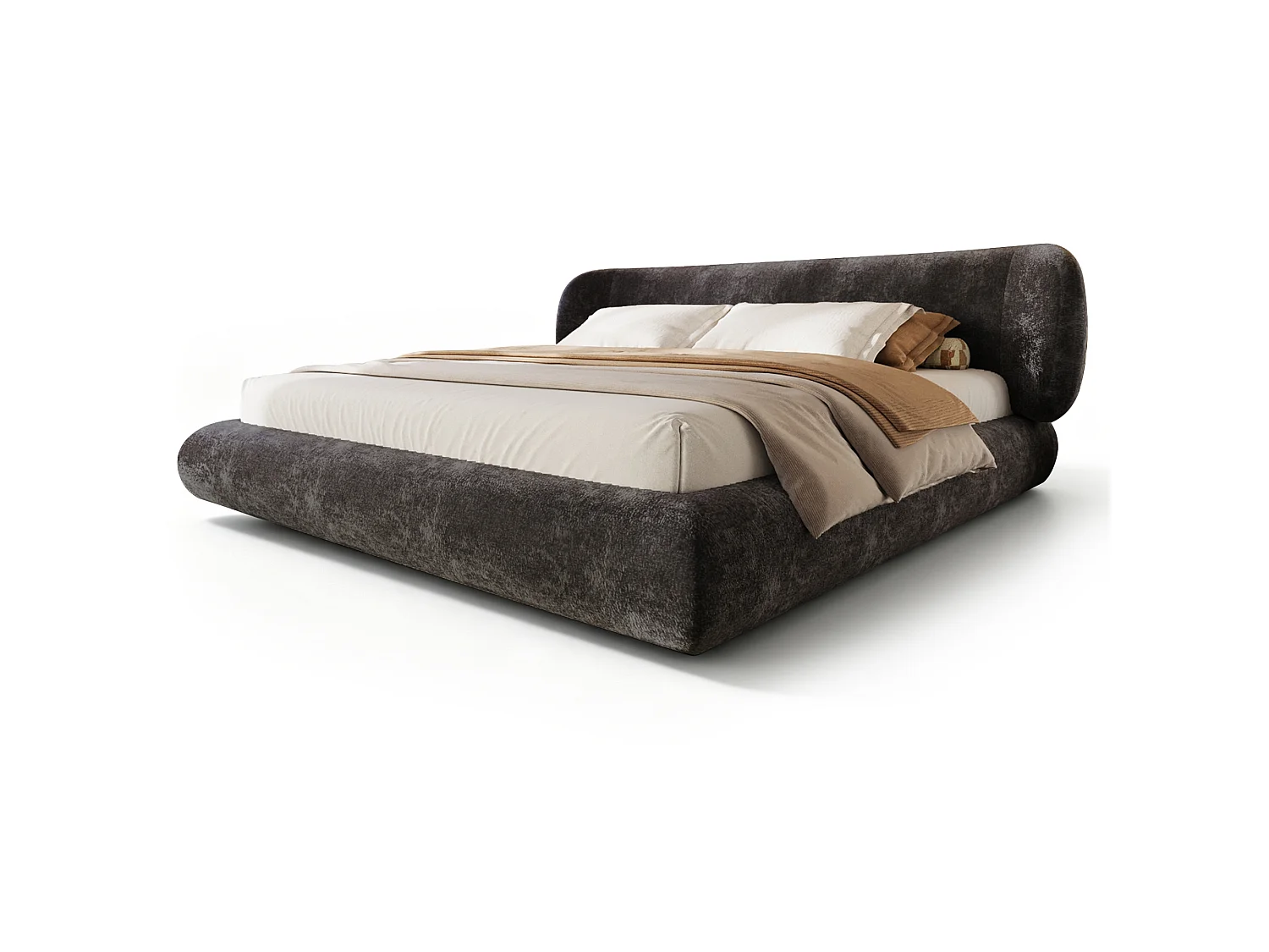Dubbelbed gestoffeerd 180x200cm - afgeronde hoeken - met lattenbodem - chenillestof - Grijs (zonder matras)