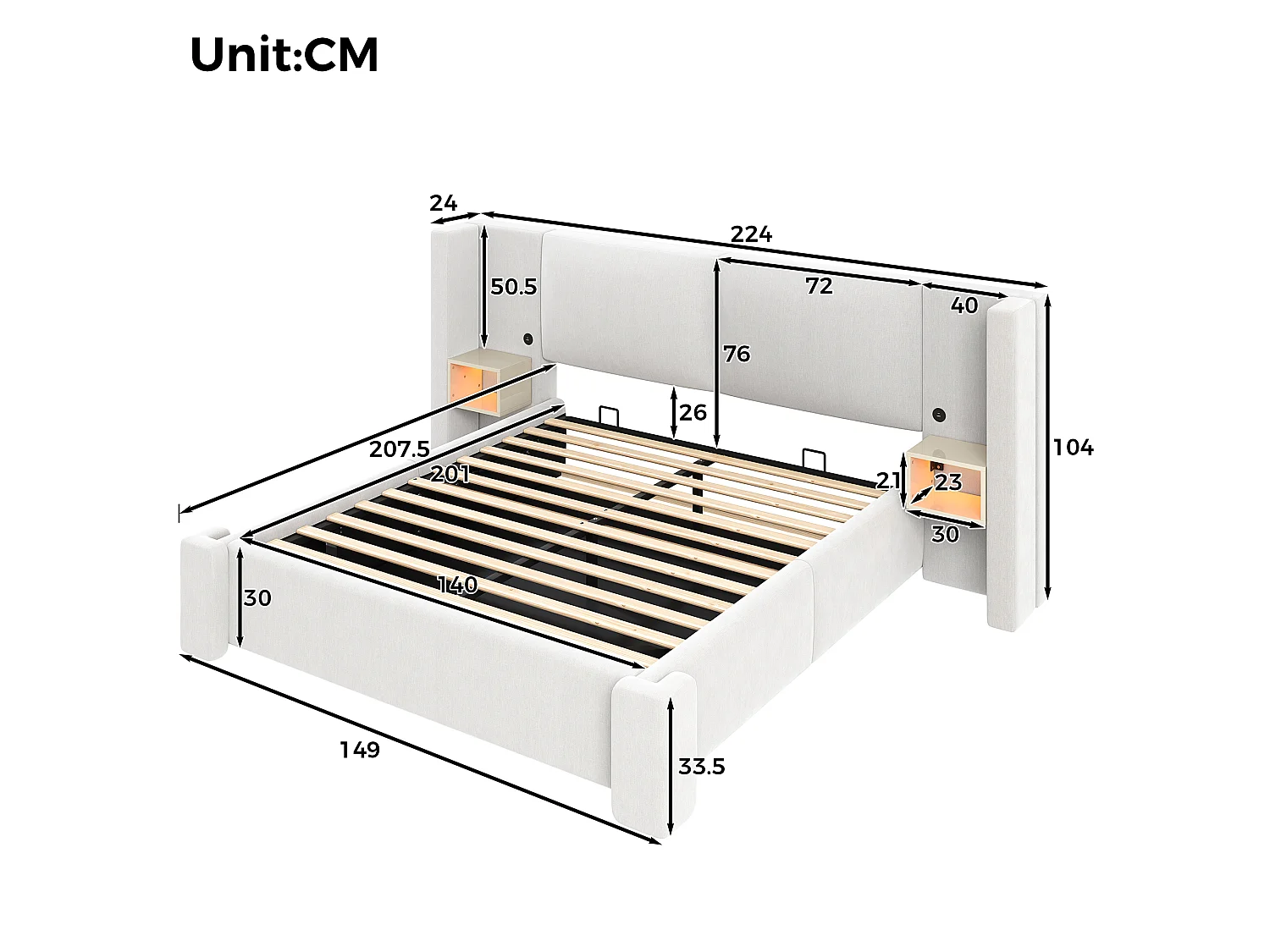 Gestoffeerd opbergbed 140x200cm in linnen - Met LED-verlichting, opbergruimte en hydraulisch hefsysteem - Beige (Matras niet inbegrepen)