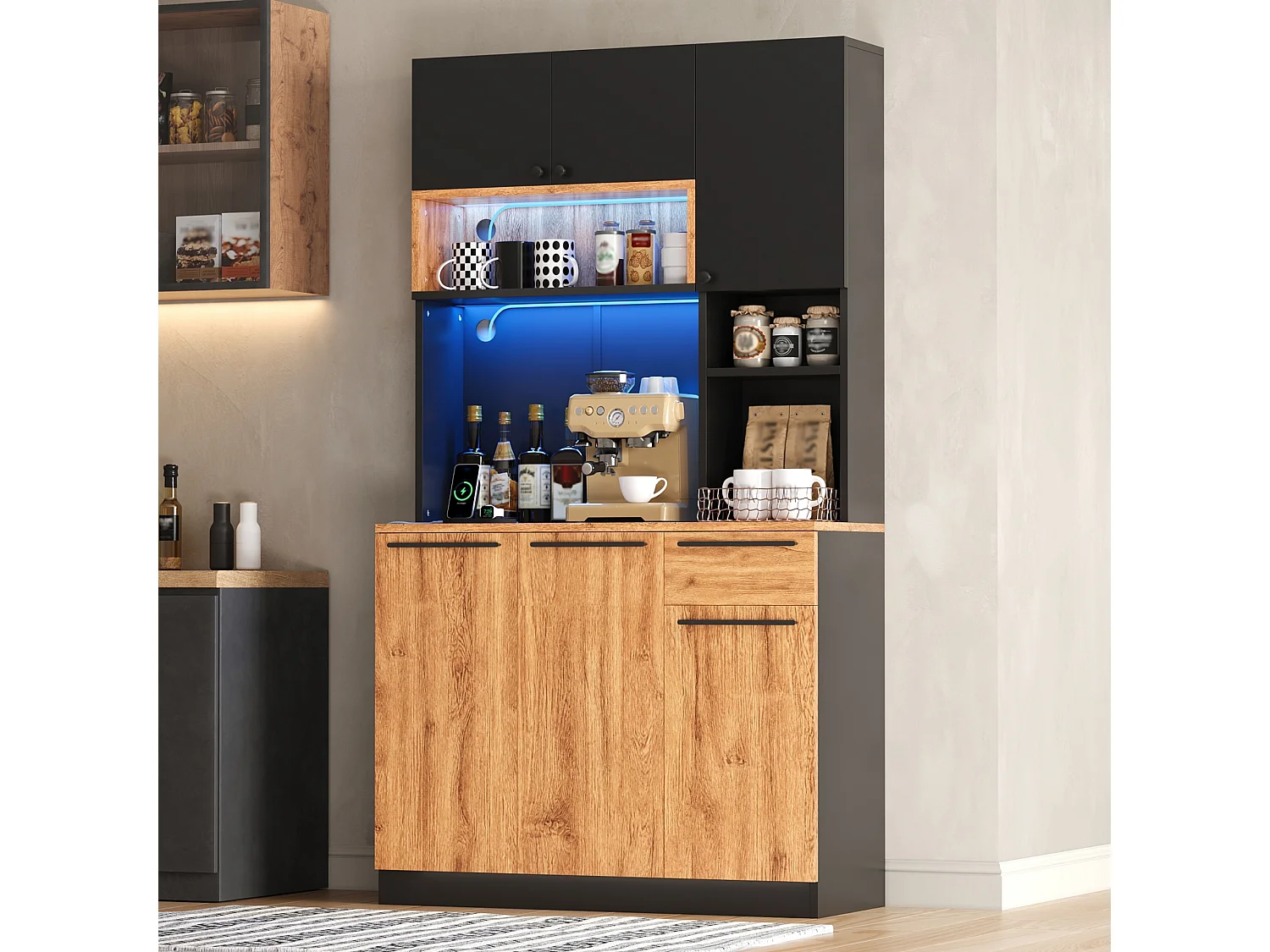 Buffet de cuisine 100x40x180cm - avec 6 portes et 1 tiroir - avec éclairage LED - avec prise de courant - Naturel + Noir