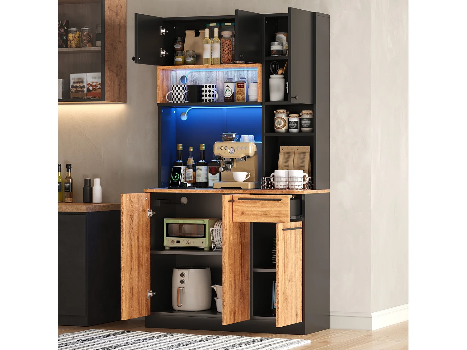 Buffet de cuisine 100x40x180cm - avec 6 portes et 1 tiroir - avec éclairage LED - avec prise de courant - Naturel + Noir