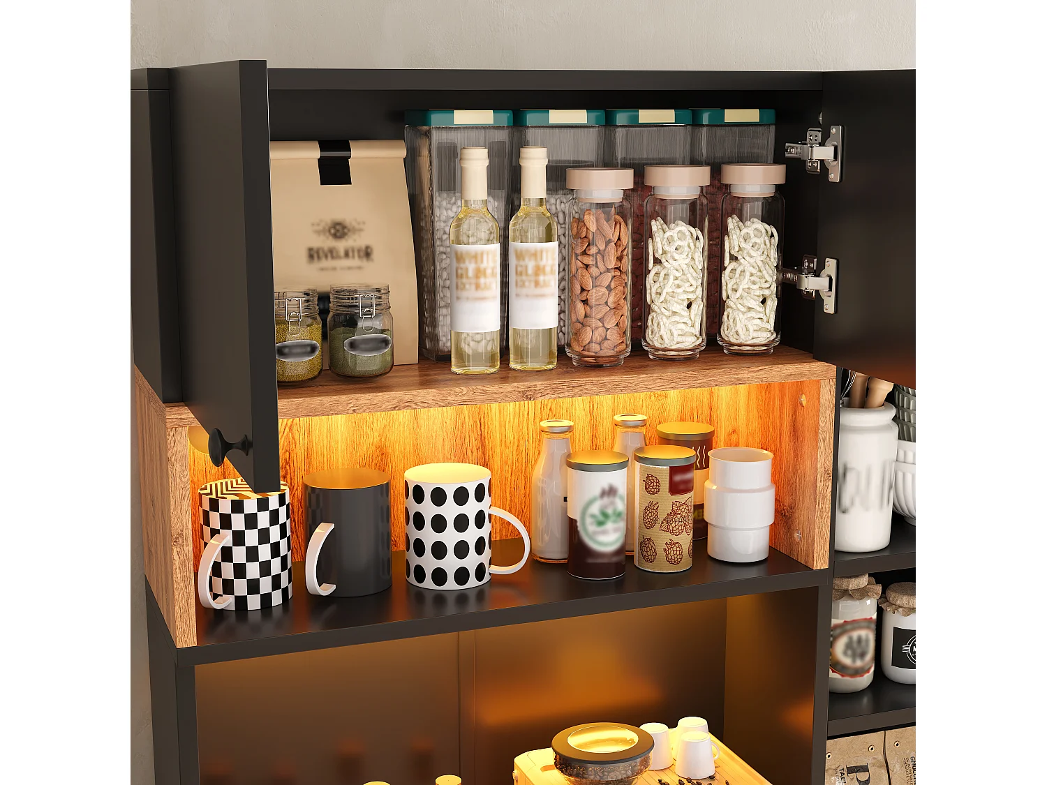 Buffet de cuisine 100x40x180cm - avec 6 portes et 1 tiroir - avec éclairage LED - avec prise de courant - Naturel + Noir