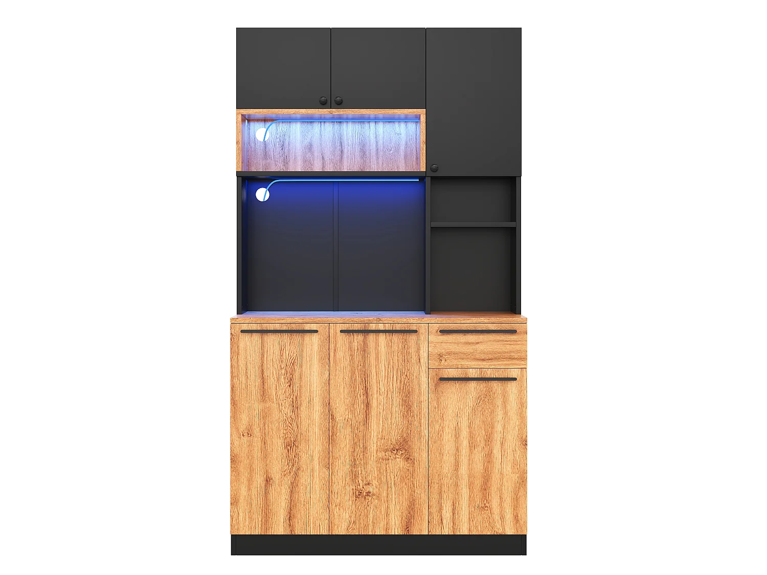 Buffet de cuisine 100x40x180cm - avec 6 portes et 1 tiroir - avec éclairage LED - avec prise de courant - Naturel + Noir