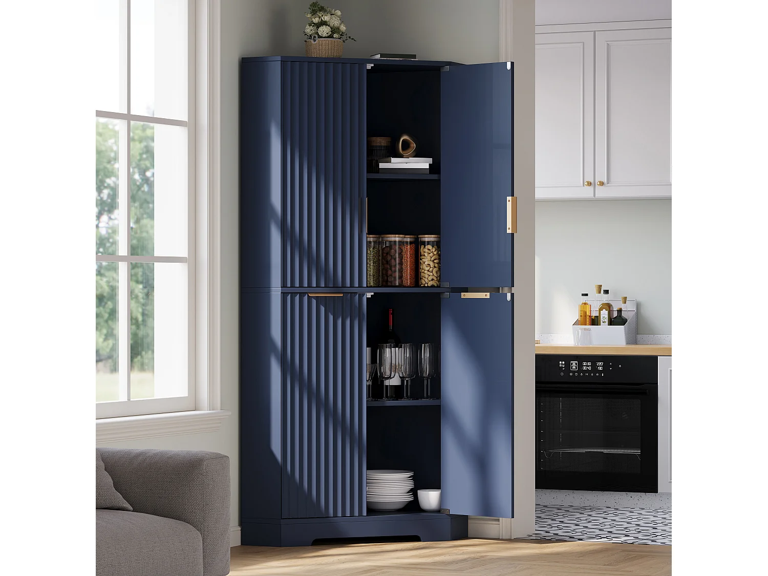 Meuble d'Angle Haut de Rangement 60x60x172cm - Buffet d'Angle avec 4 Portes Canelées & Étagères Réglables, Style Moderne - Bleu