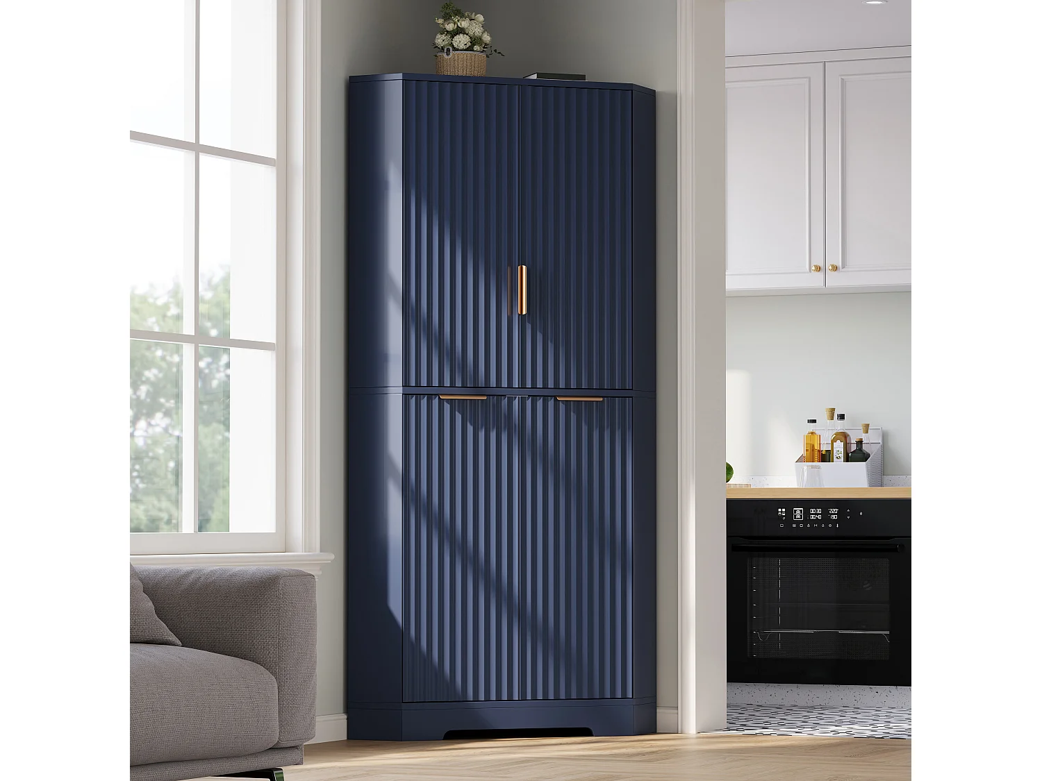 Meuble d'Angle Haut de Rangement 60x60x172cm - Buffet d'Angle avec 4 Portes Canelées & Étagères Réglables, Style Moderne - Bleu