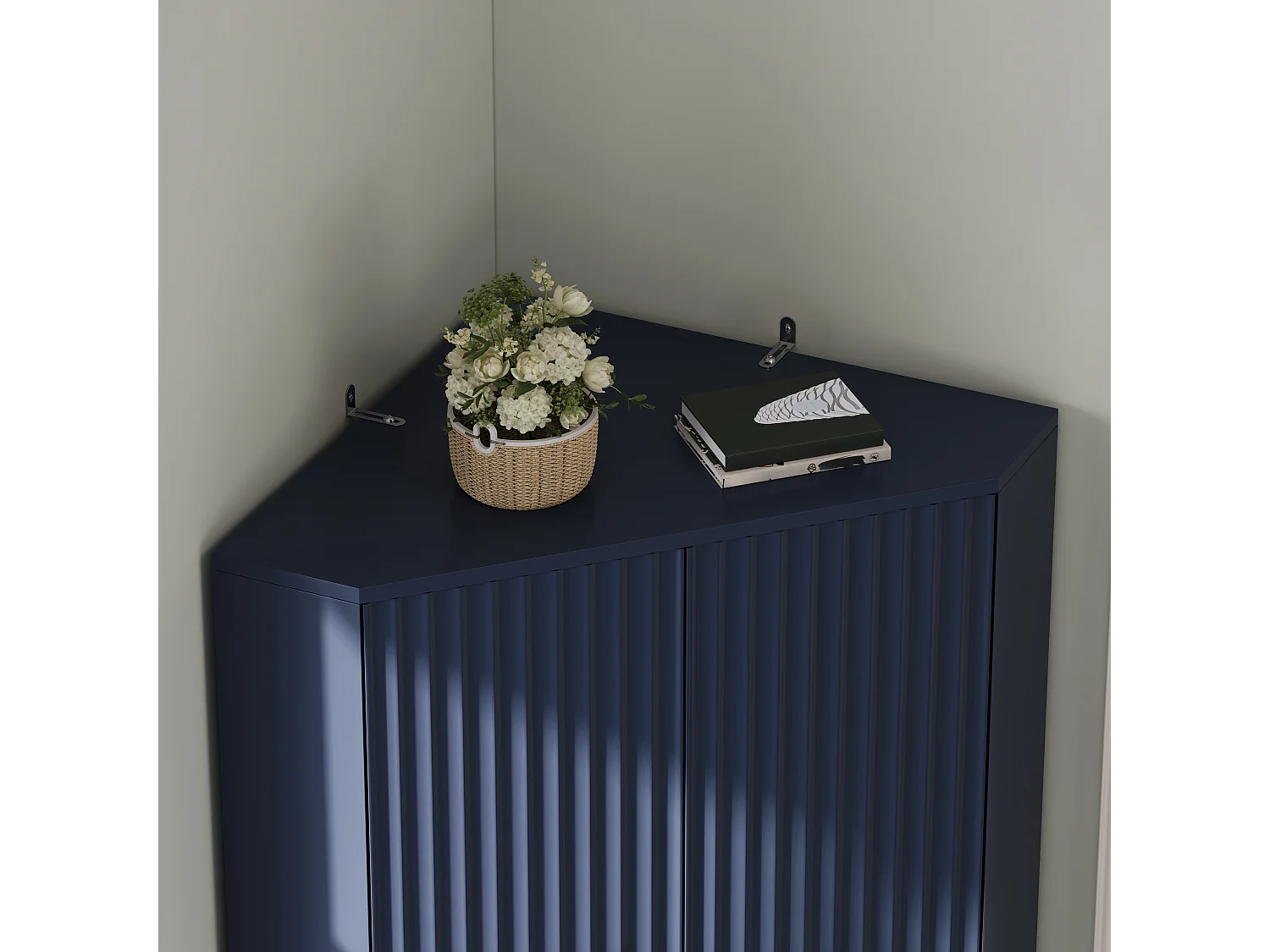 Meuble d'Angle Haut de Rangement 60x60x172cm - Buffet d'Angle avec 4 Portes Canelées & Étagères Réglables, Style Moderne - Bleu