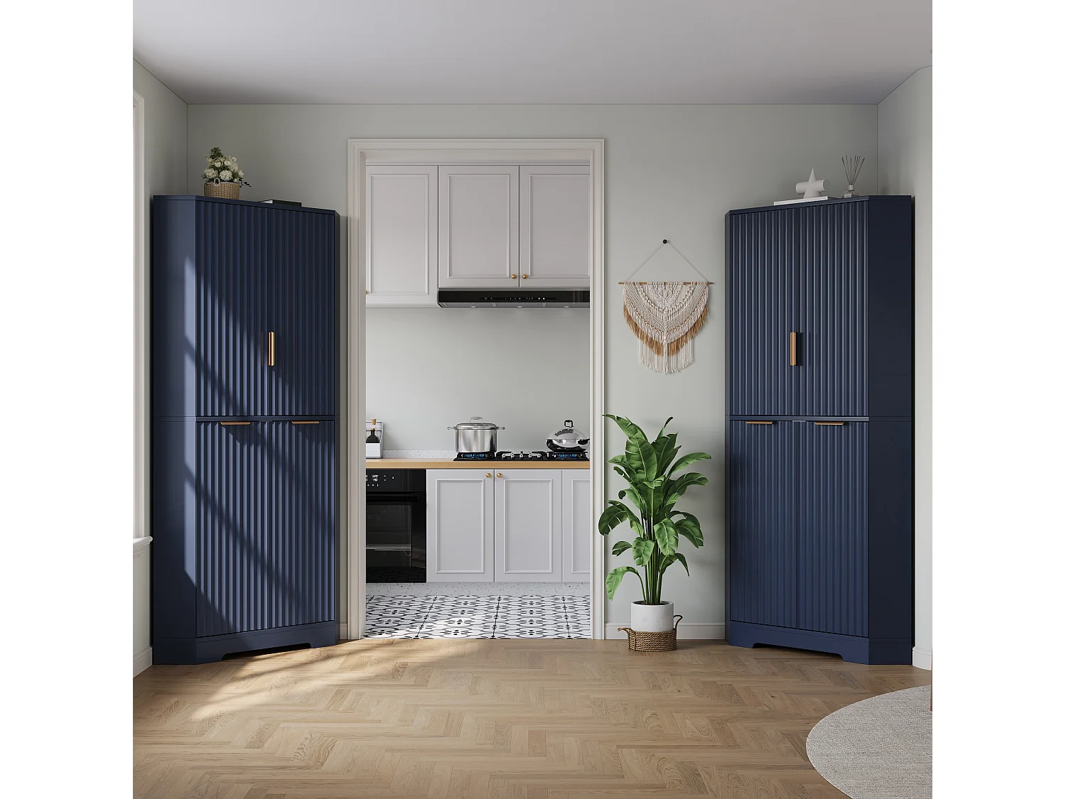 Meuble d'Angle Haut de Rangement 60x60x172cm - Buffet d'Angle avec 4 Portes Canelées & Étagères Réglables, Style Moderne - Bleu