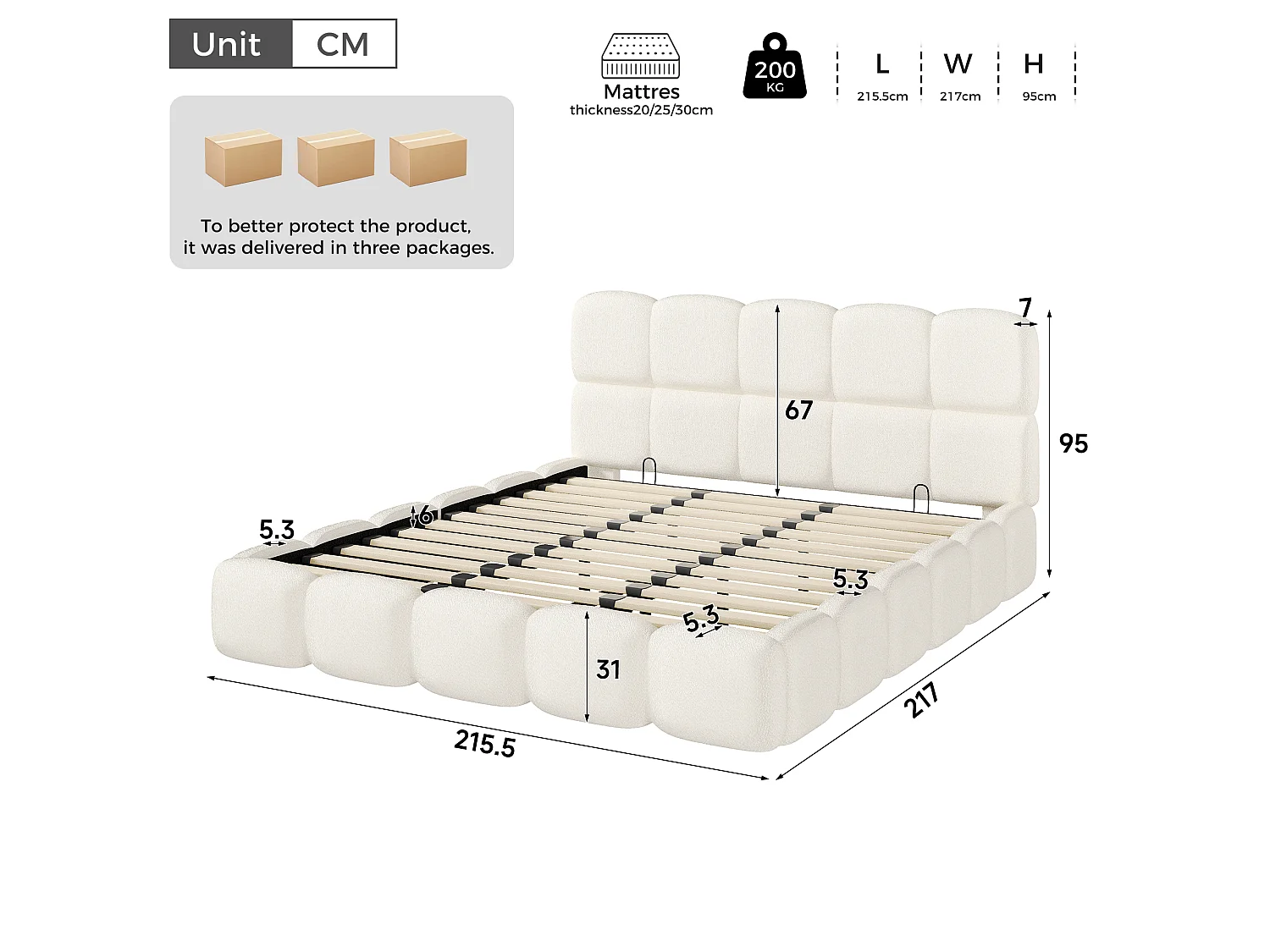 Gestoffeerd tweepersoons opbergbed 200x200 cm - met lattenbodem - bouclé stof - wit (matras niet inbegrepen)