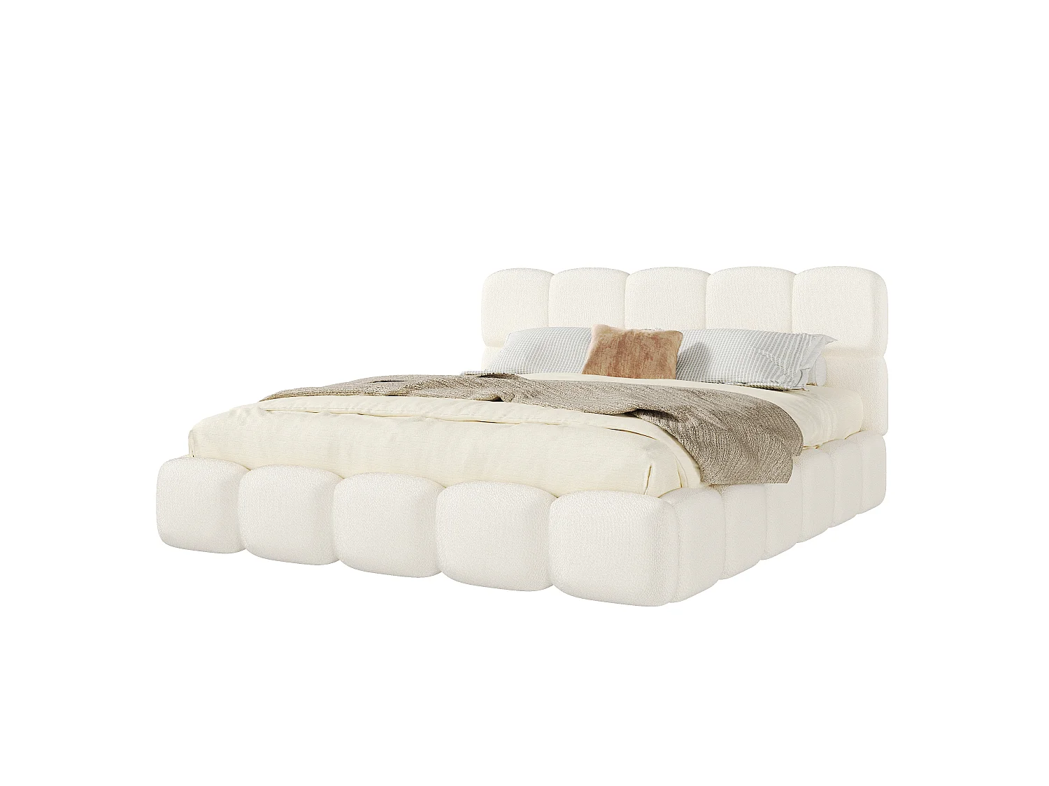 Gestoffeerd tweepersoons opbergbed 200x200 cm - met lattenbodem - bouclé stof - wit (matras niet inbegrepen)