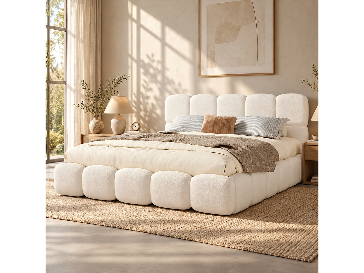 Gestoffeerd tweepersoons opbergbed 200x200 cm - met lattenbodem - bouclé stof - wit (matras niet inbegrepen)