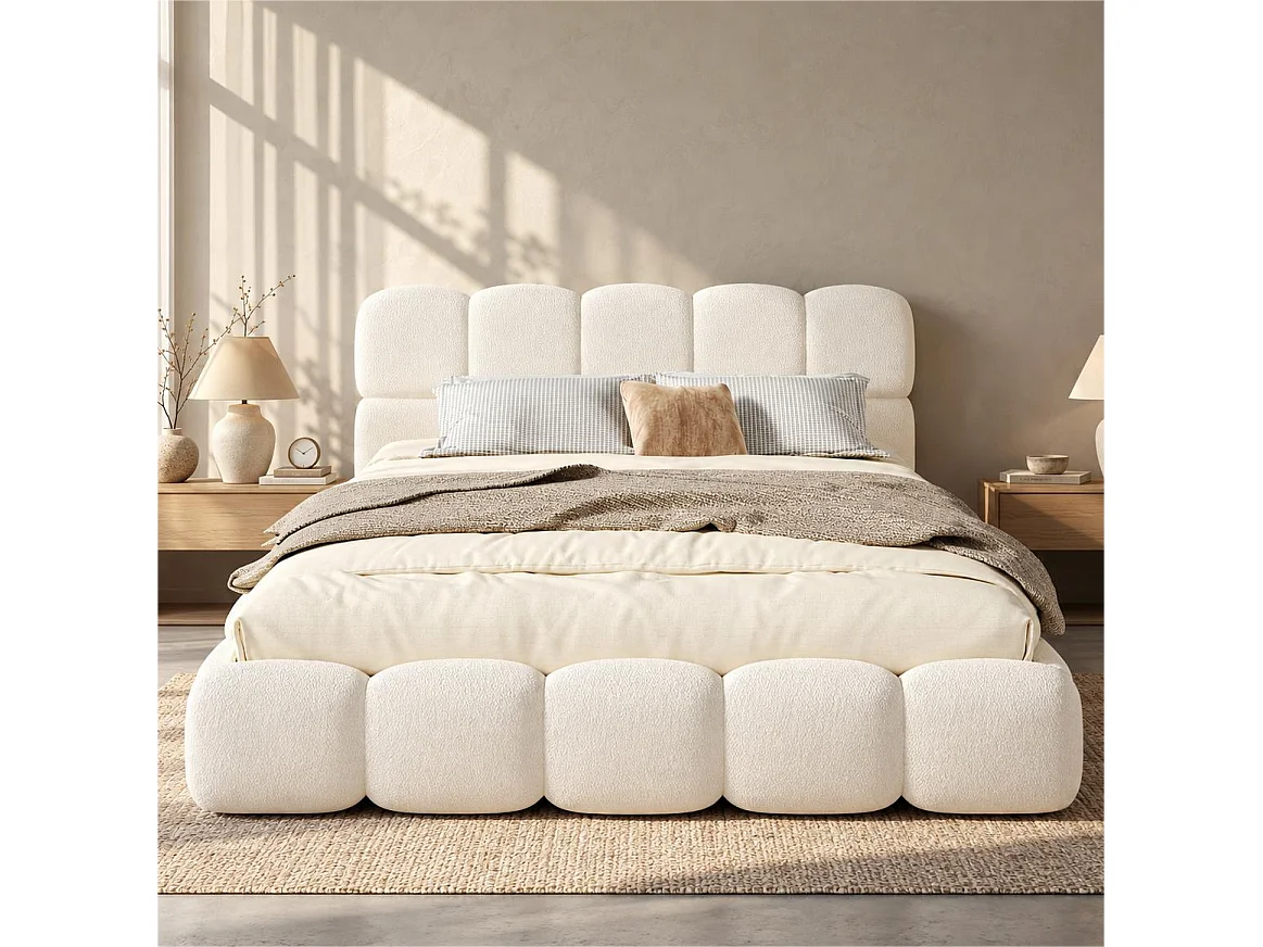Gestoffeerd tweepersoons opbergbed 200x200 cm - met lattenbodem - bouclé stof - wit (matras niet inbegrepen)