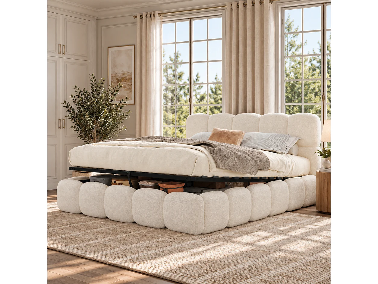 Gestoffeerd tweepersoons opbergbed 200x200 cm - met lattenbodem - bouclé stof - wit (matras niet inbegrepen)