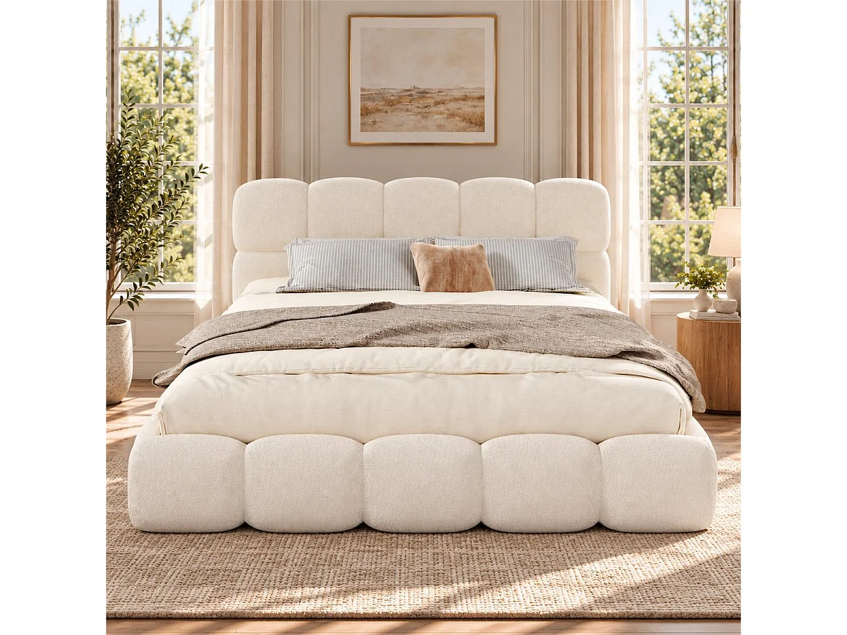 Gestoffeerd tweepersoons opbergbed 200x200 cm - met lattenbodem - bouclé stof - wit (matras niet inbegrepen)