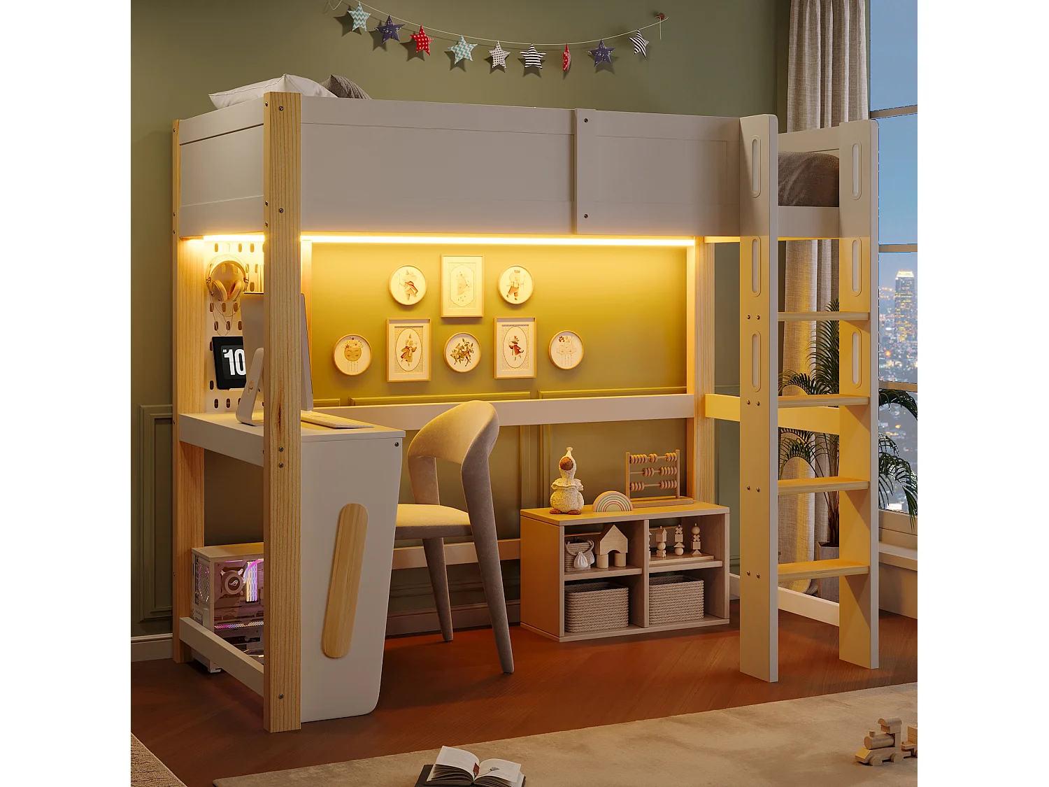Lit mezzanine 90 x 200 cm - avec table - avec étagère murale - avec éclairage LED - blanc(matelas non inclus)