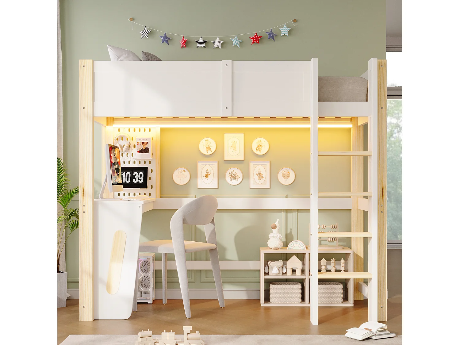 Lit mezzanine 90 x 200 cm - avec table - avec étagère murale - avec éclairage LED - blanc(matelas non inclus)