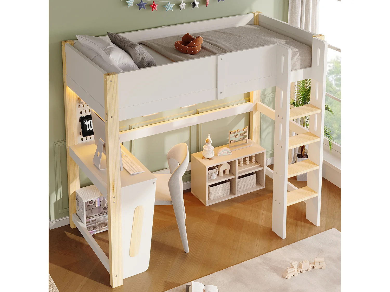 Lit mezzanine 90 x 200 cm - avec table - avec étagère murale - avec éclairage LED - blanc(matelas non inclus)