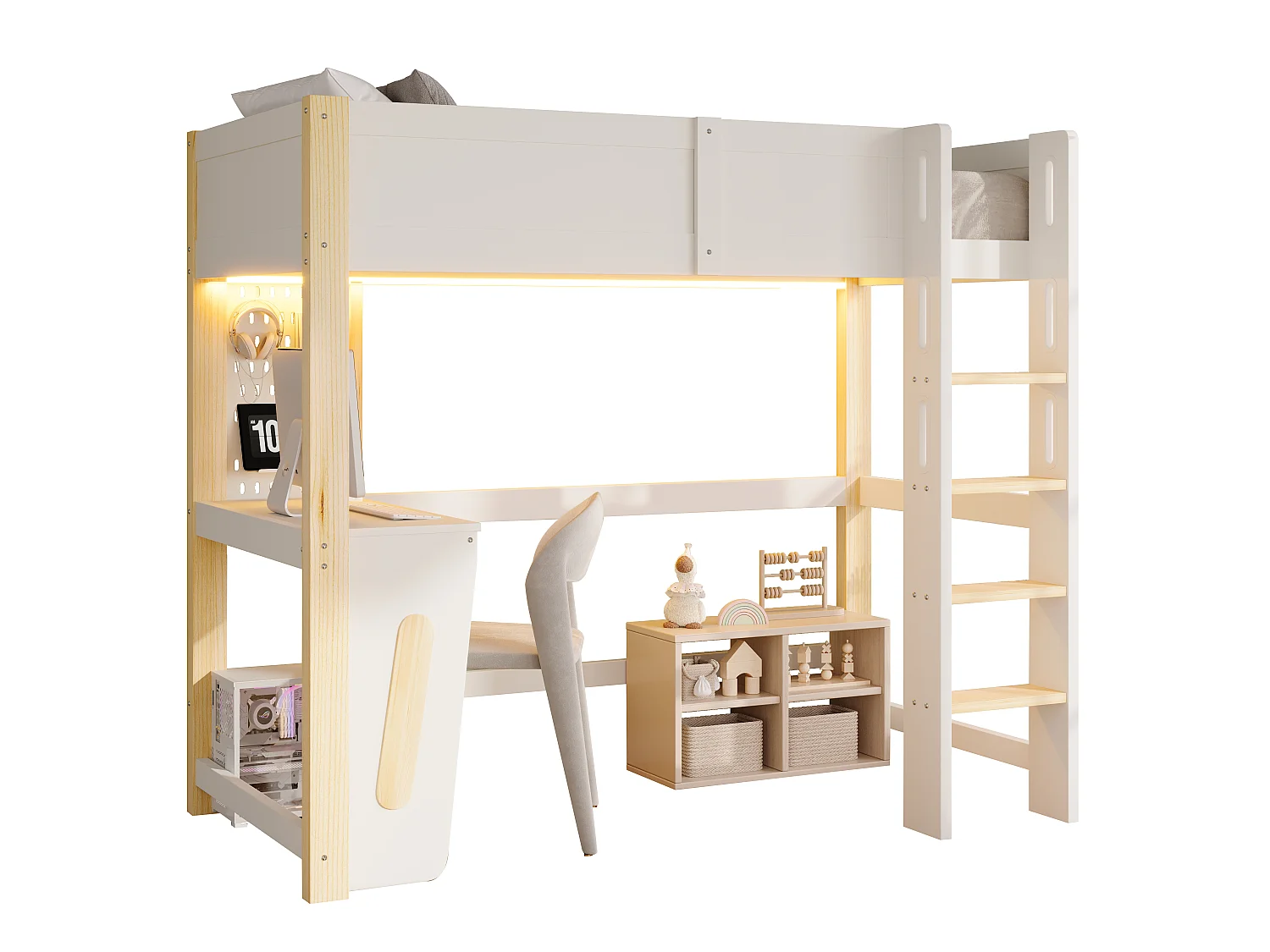 Lit mezzanine 90 x 200 cm - avec table - avec étagère murale - avec éclairage LED - blanc(matelas non inclus)